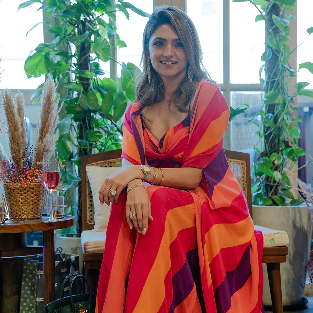 SUNSET STRIPES PRINTED BOX PLEATED PANTS WITH BIKINI BUSTIER & CAPE