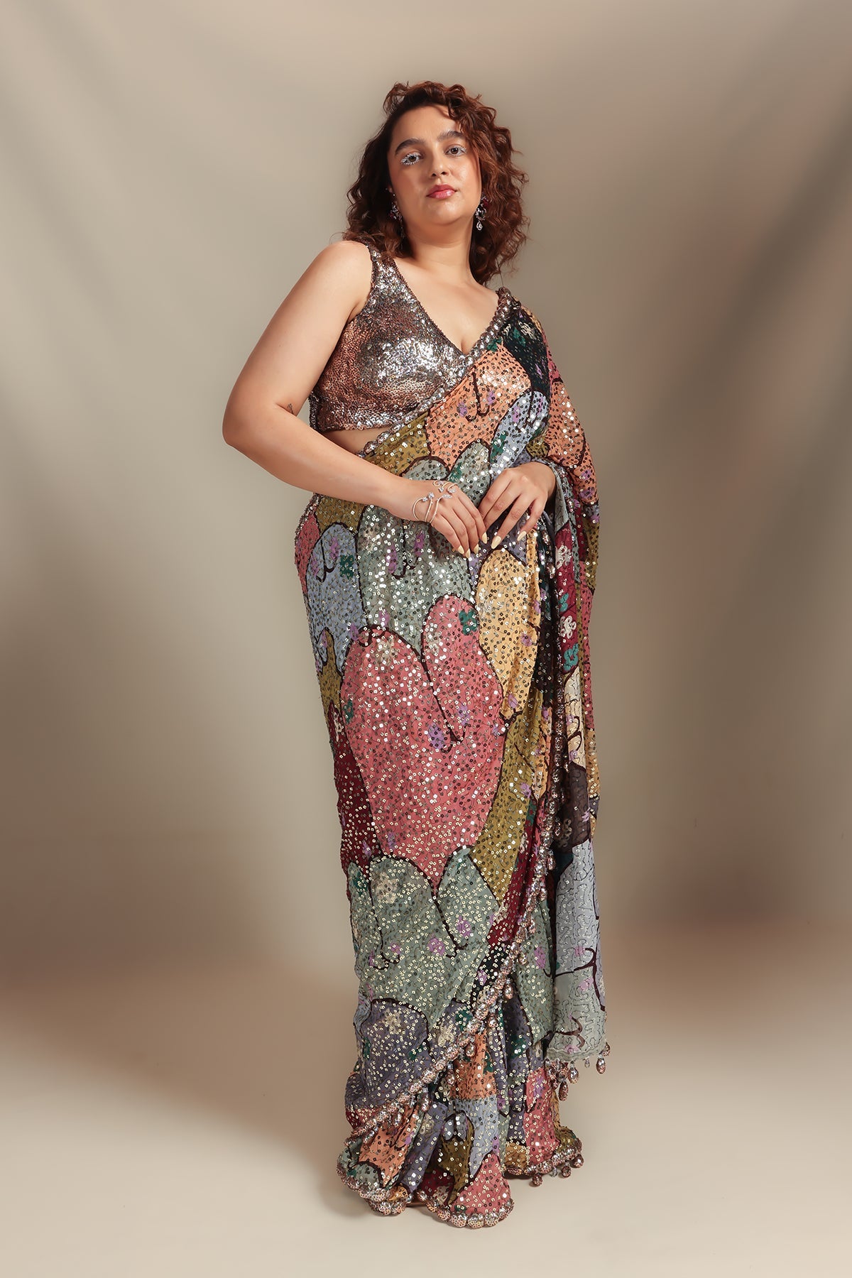 Interflos - multicolour printed sequin georgette draped saree