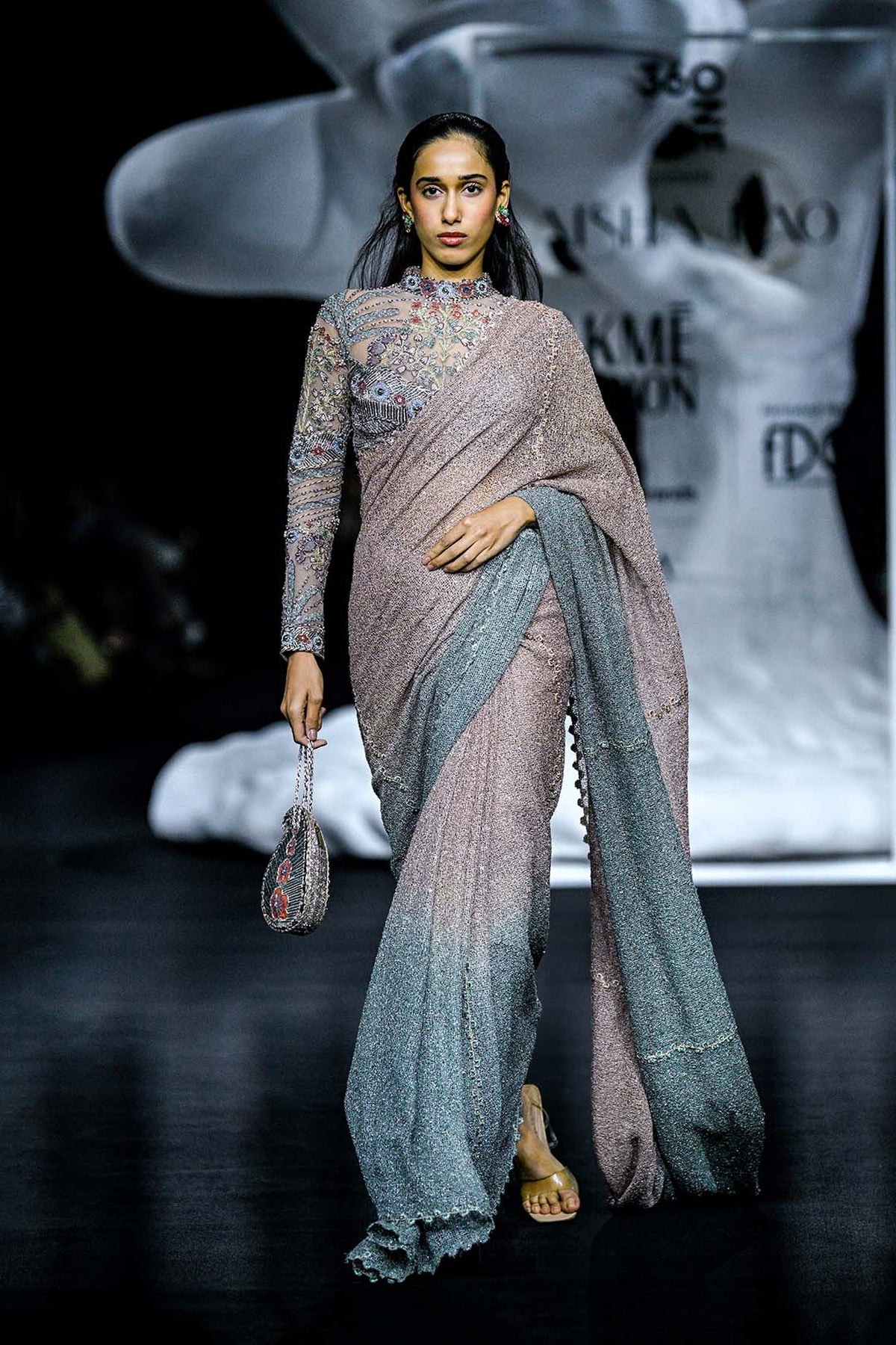 Interora - pink teal blue ombre mesh saree