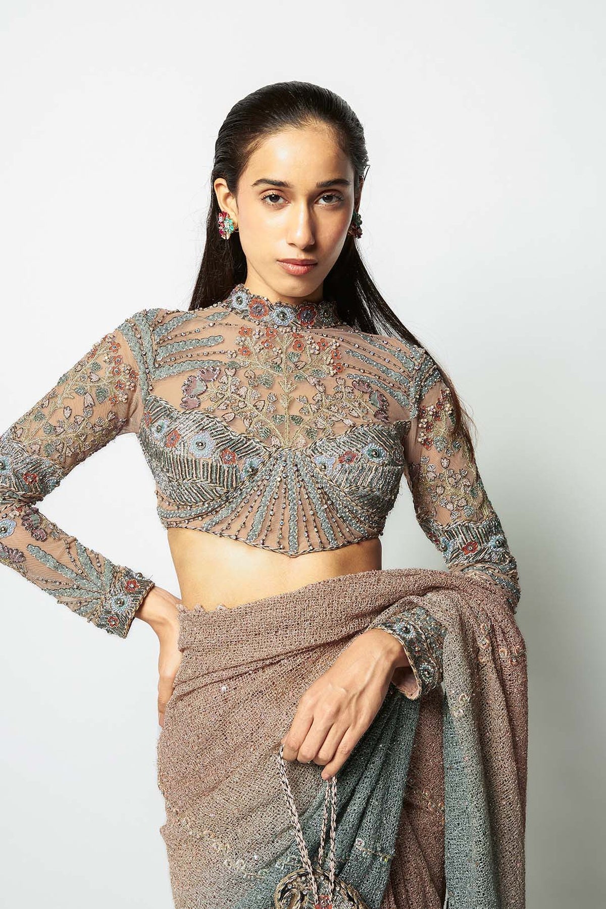 Interora - pink teal blue ombre mesh saree