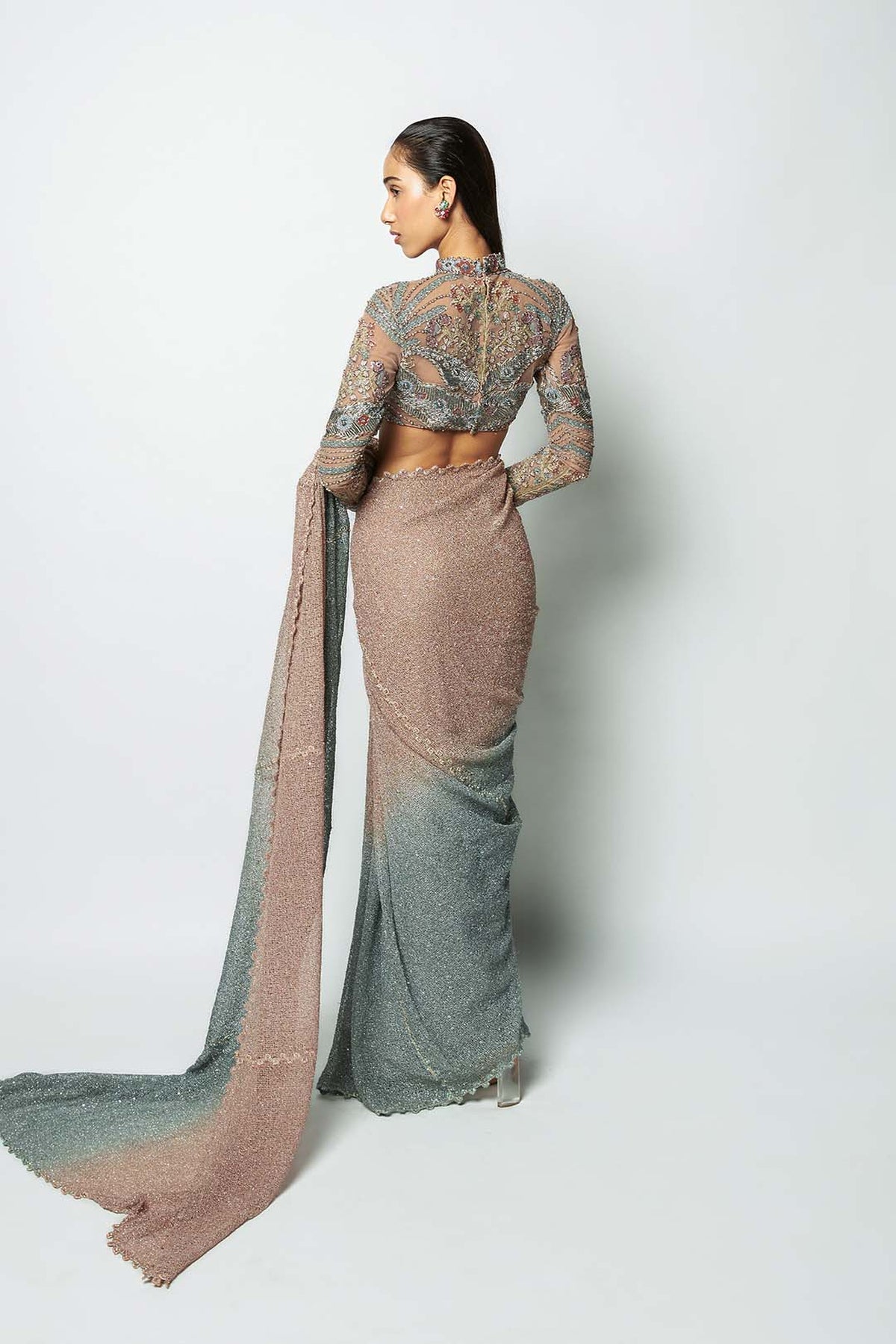 Interora - pink teal blue ombre mesh saree