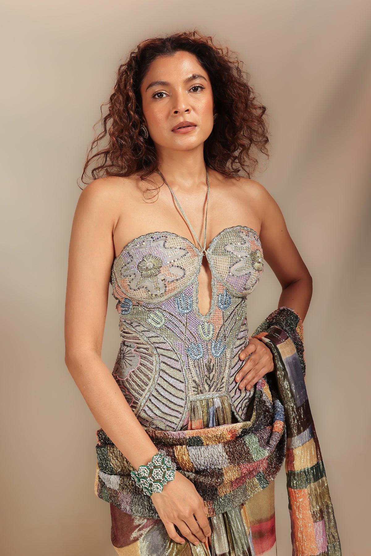 Interspectrum - multicolour printed lurex saree