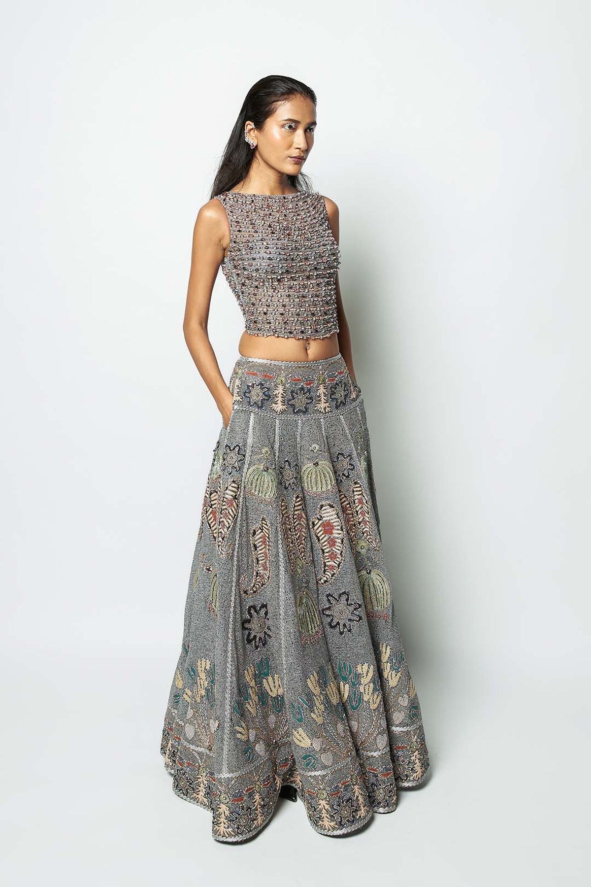 Interstilla - Grey Mesh lehenga