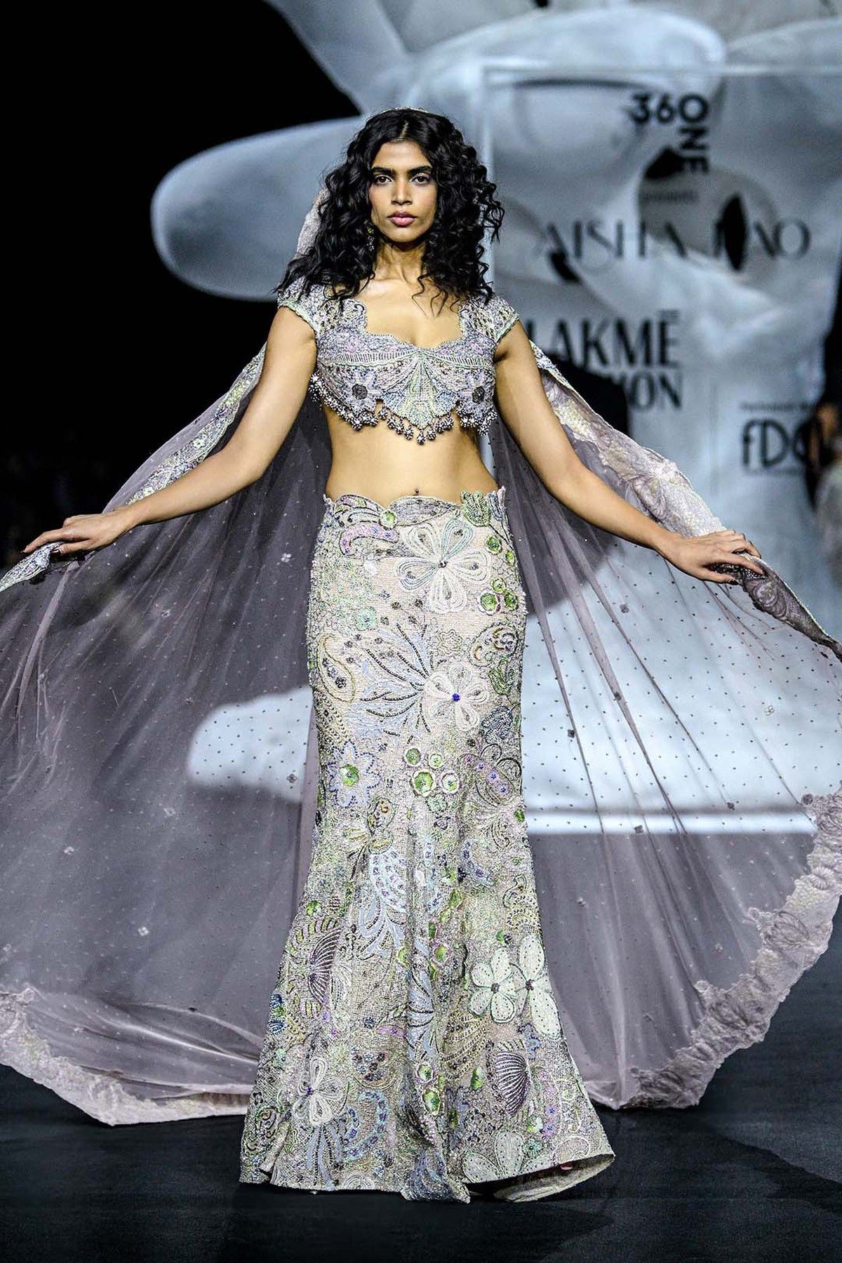 Interveil - baby pink mesh mermaid lehenga