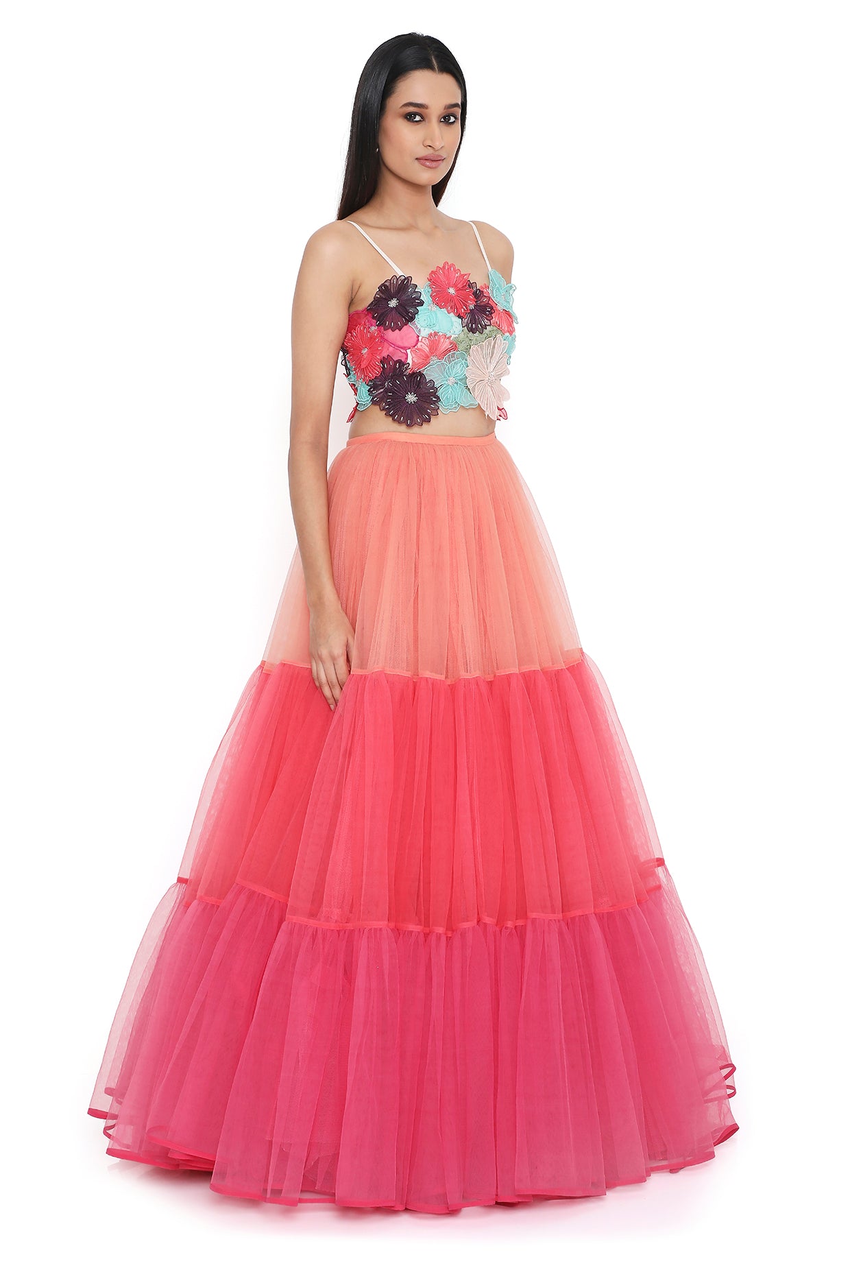 Isabella Off White 3d Flower Embroidered Choli With Multi Colour Layered Lehenga