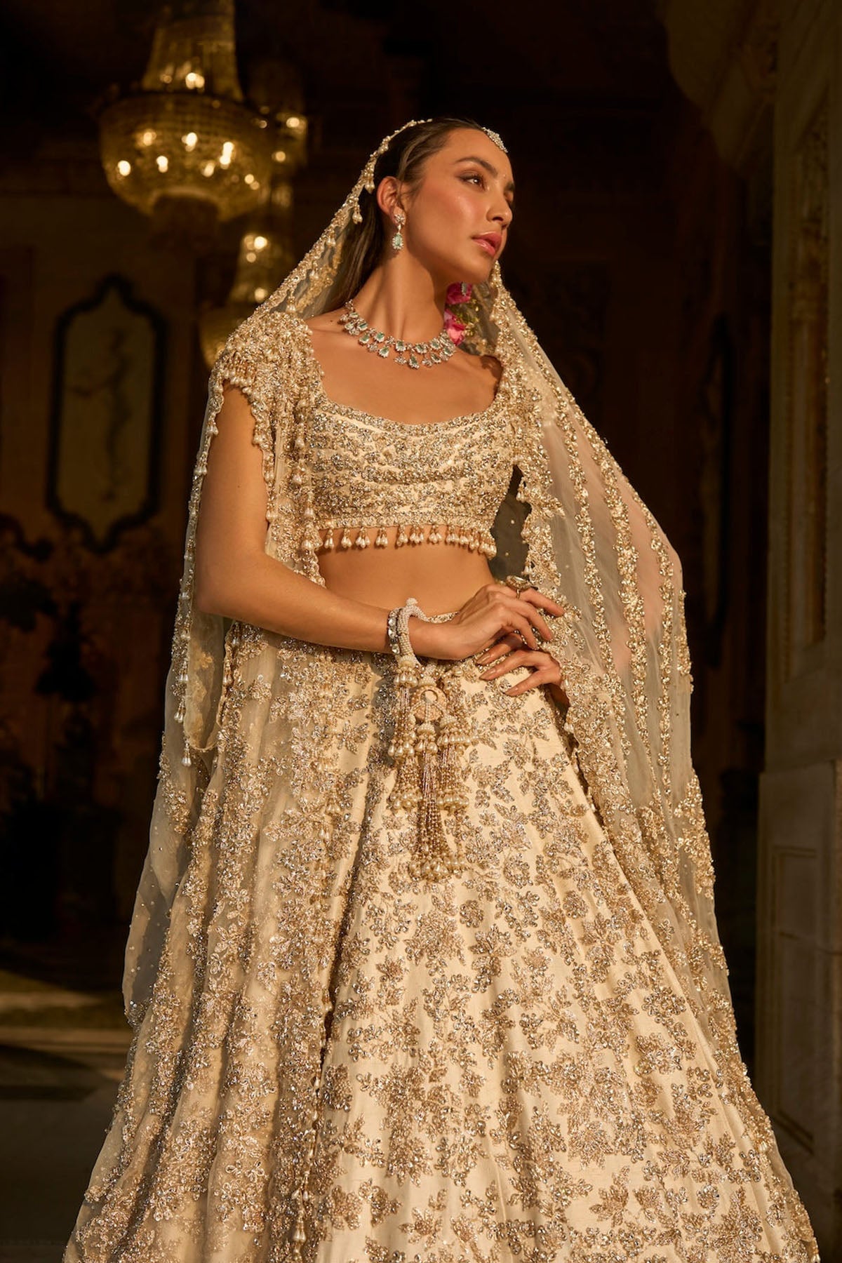 Ivory Gold Floral Zardosi Lehenga Set