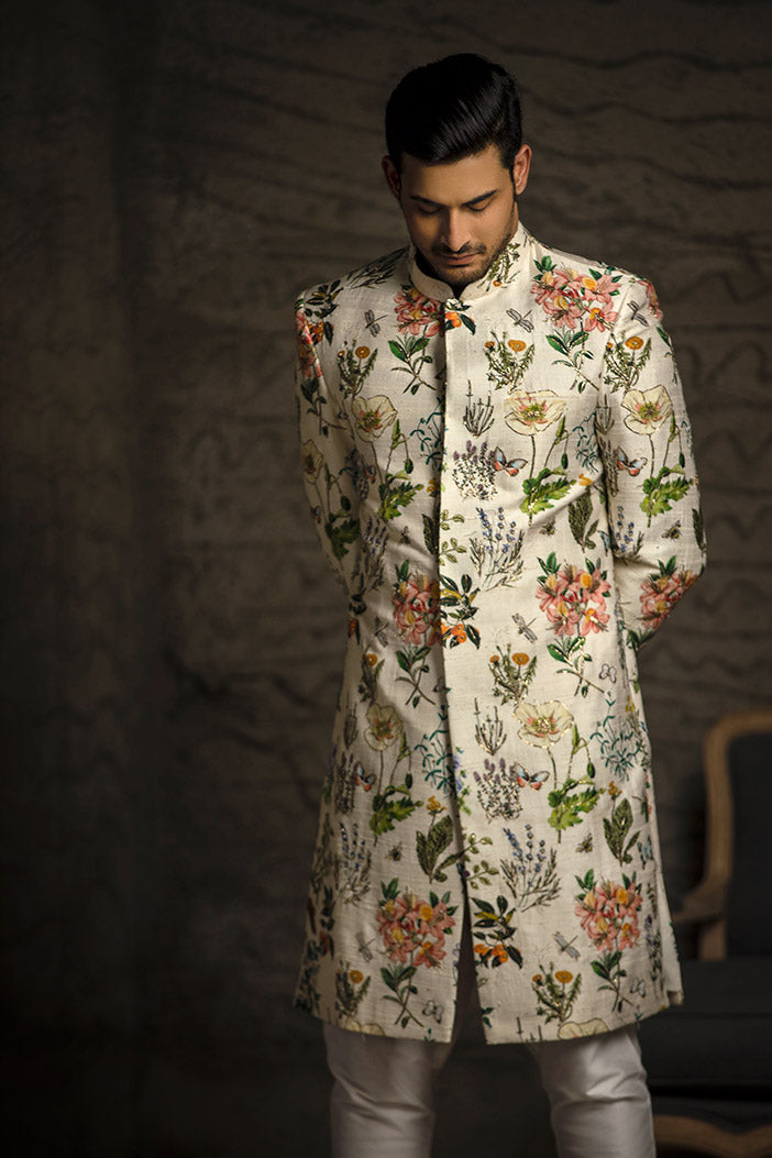 IVORY PRINTED DUPION SILK SHERWANI WITH OFF WHITE COTTON SILK CHURIDAR
