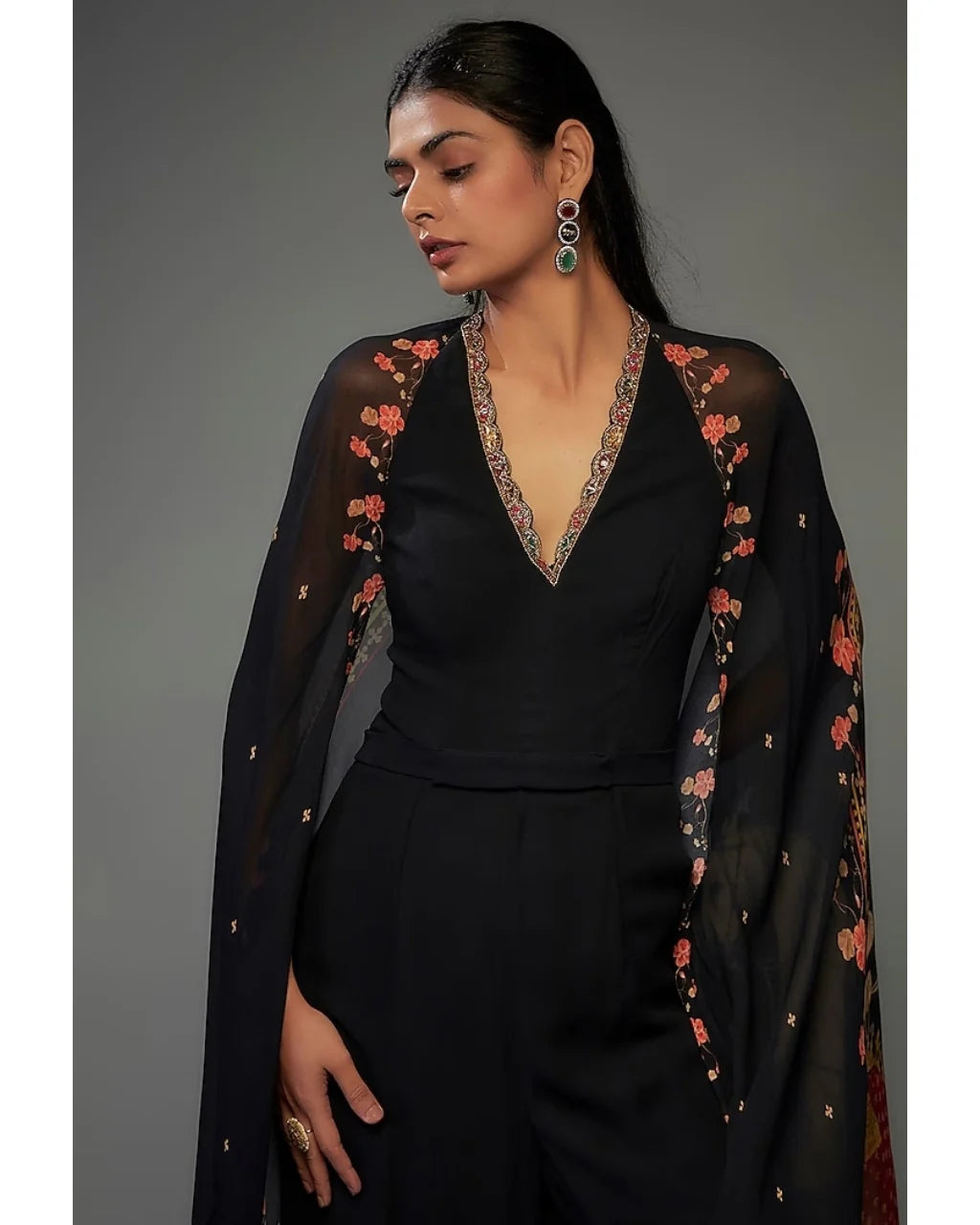 Black Printed Cape Jumpsuit Set