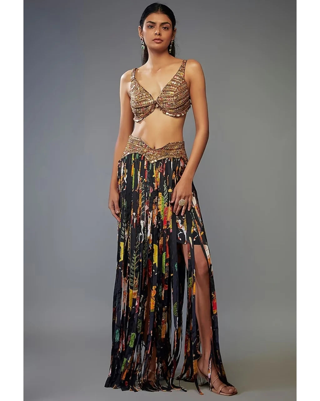 Black Crepe Printed Fringe Skirt Set