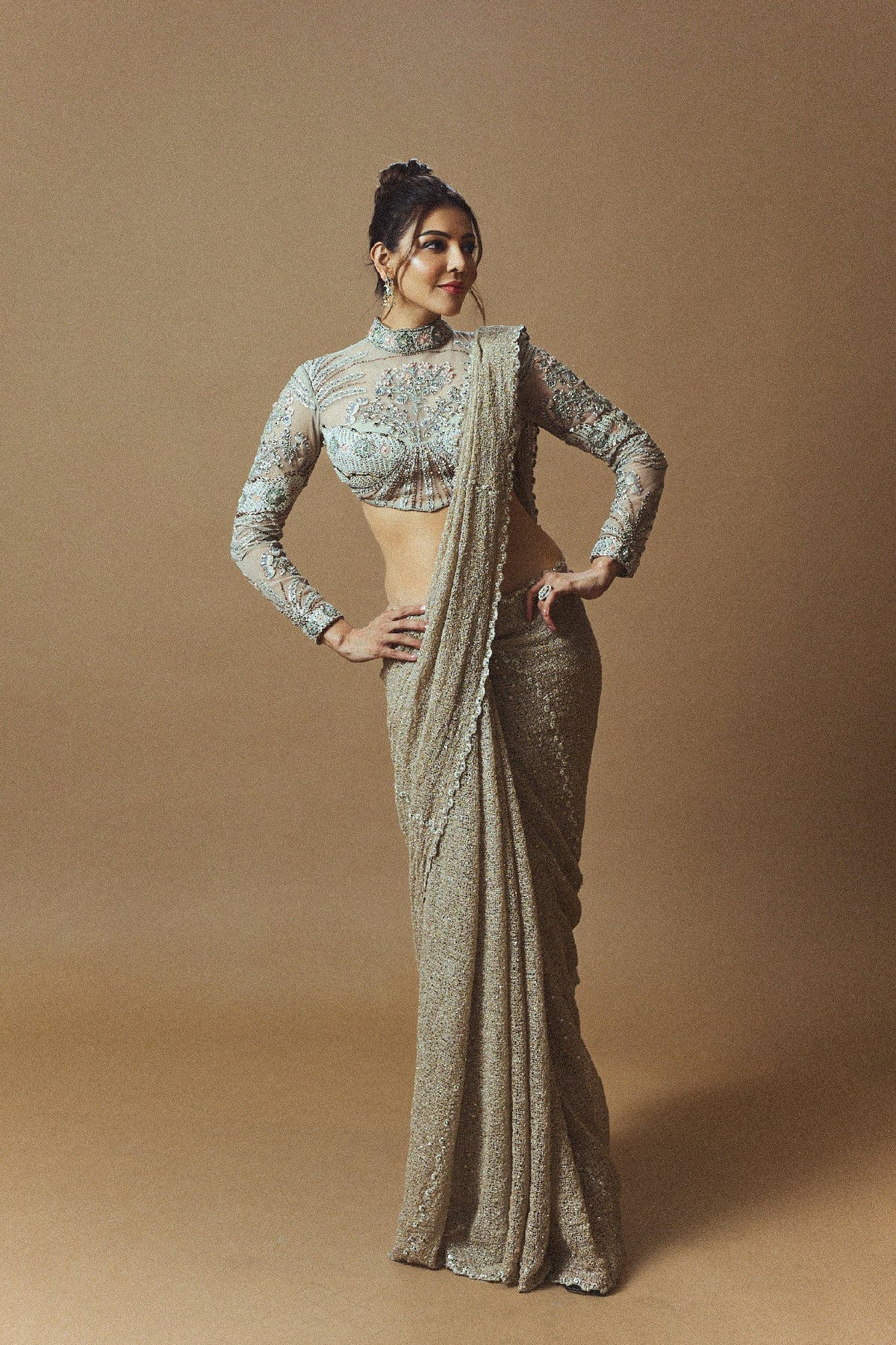 Kajal aggarwal in Interfila - champagne mesh saree