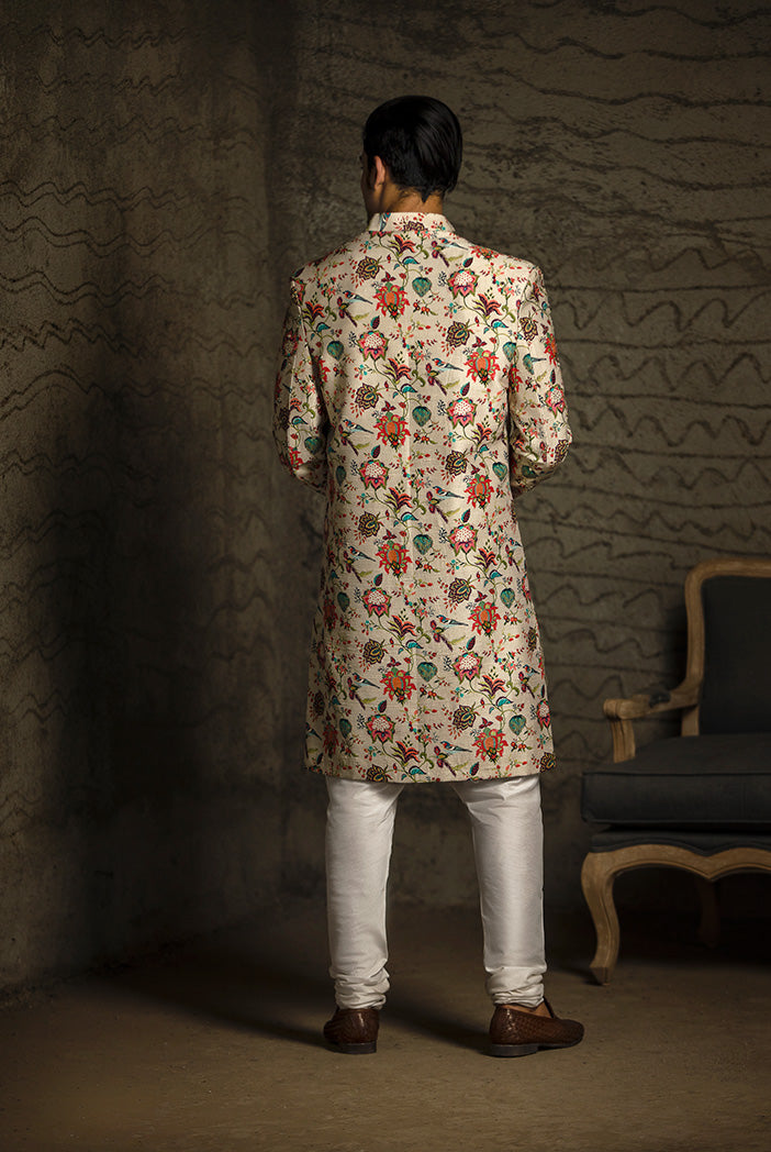 KHAKI PRINTED DUPION SILK SHERWANI WITH OFF WHITE COTTON SILK CHURIDAR