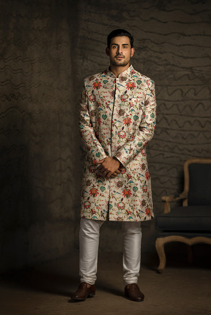 KHAKI PRINTED DUPION SILK SHERWANI WITH OFF WHITE COTTON SILK CHURIDAR
