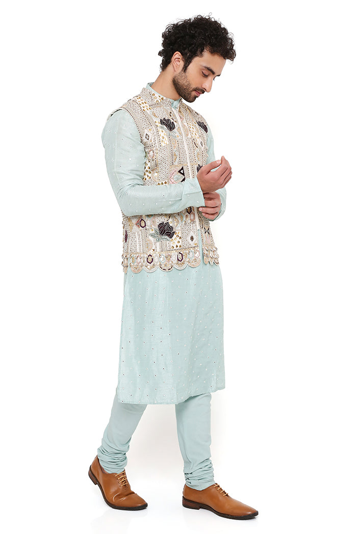 KIAAN OFF WHITE GEORGETTE EMBROIDERED BANDI WITH AQUA ABLA SILK KURTA AND OFF WHITE COTTON SILK CHURIDAR