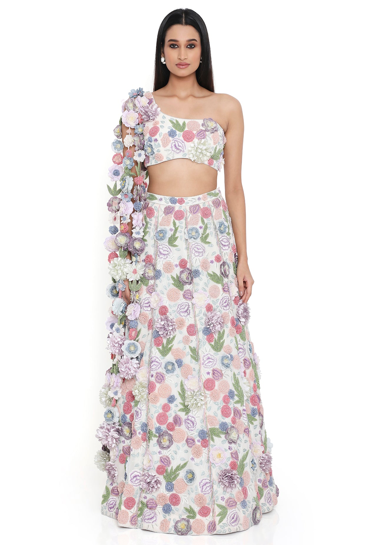 Lana Off White Embroiderd Choli With Hanging Flowered Tassels On Shoulder And Lehenga