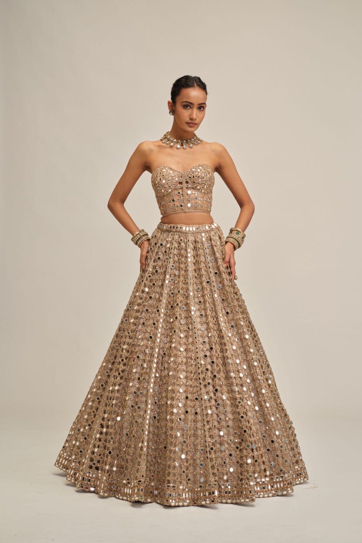 Light Beige Big Mirror Cutwork Crop Top Skirt Set