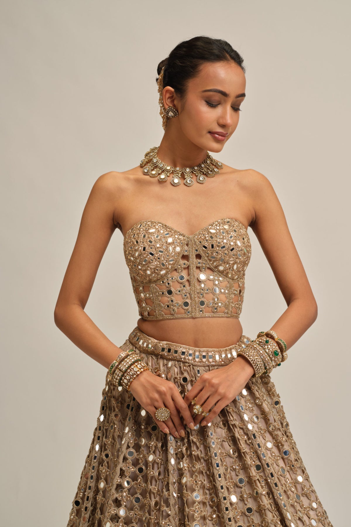 Light Beige Big Mirror Cutwork Crop Top Skirt Set