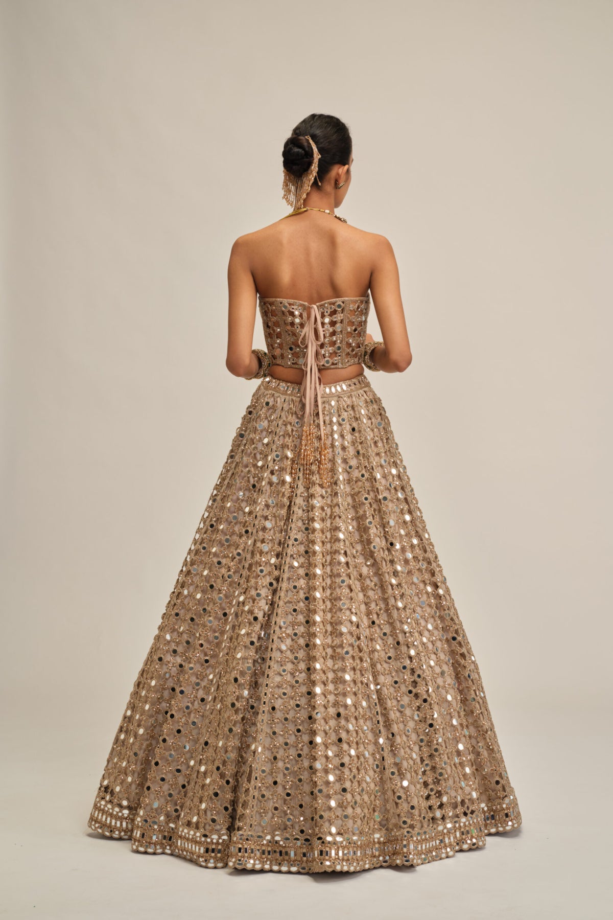 Light Beige Big Mirror Cutwork Crop Top Skirt Set