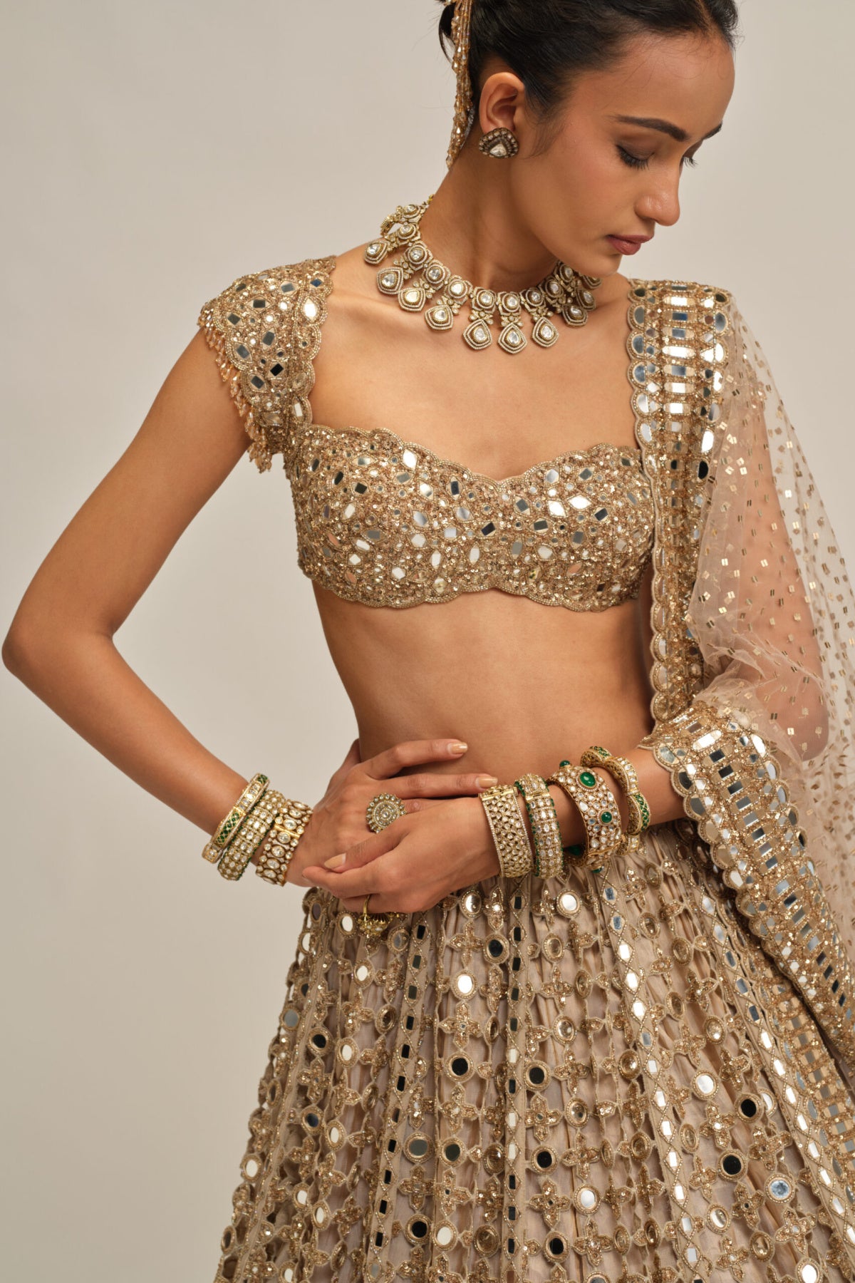 Light Beige Big Mirror Cutwork Lehenga Set