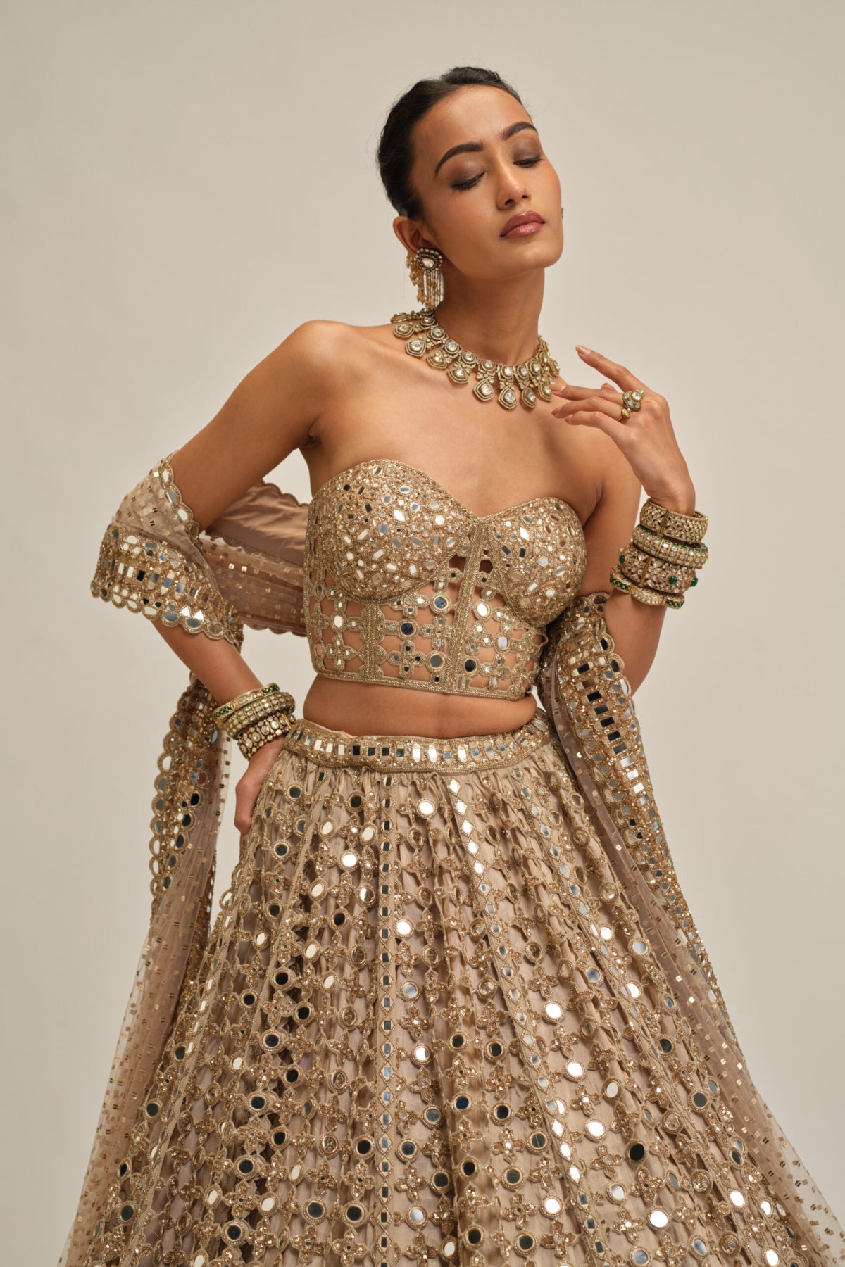 Light Beige Big Mirror Cutwork Lehenga With Corset Set