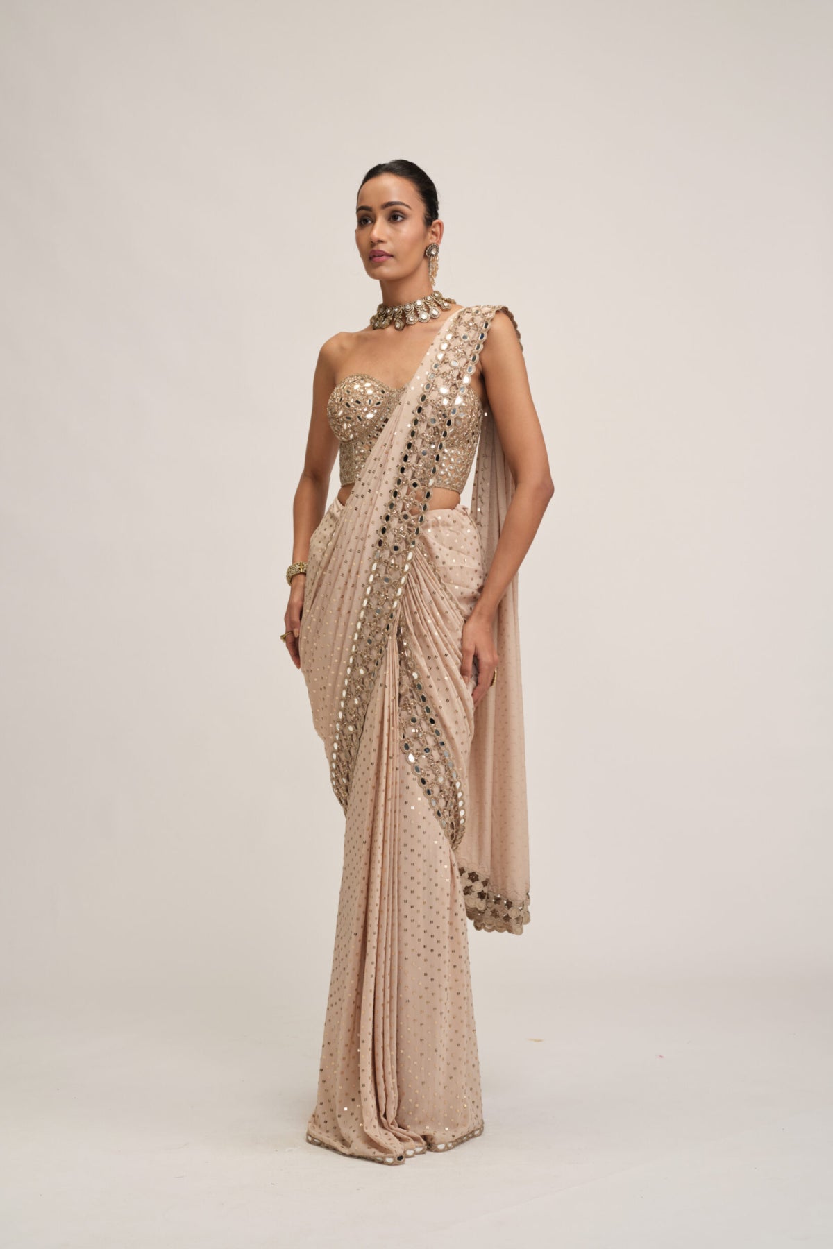 Light Beige Cutwork Border Saree Set