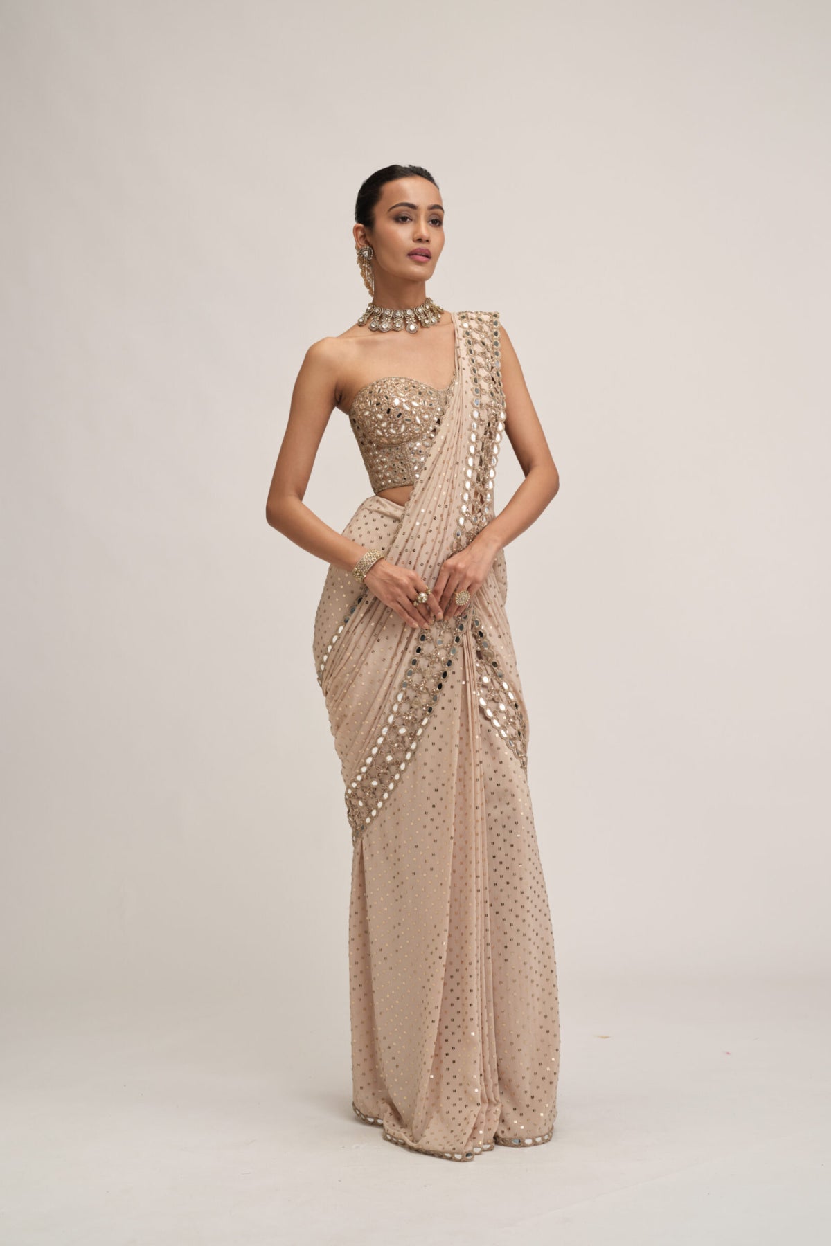 Light Beige Cutwork Border Saree Set