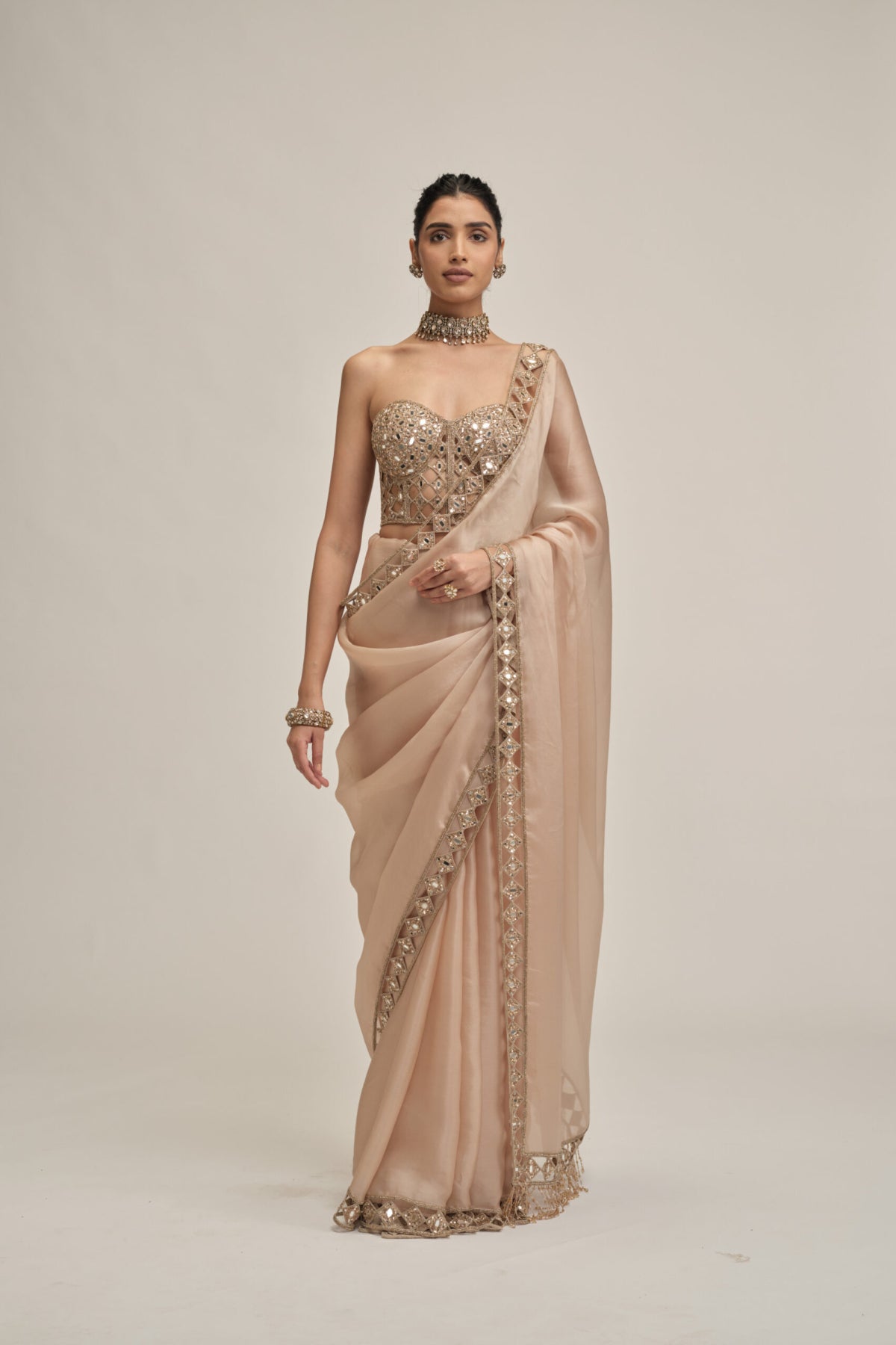 Light Beige Cutwork Border Saree With Corset Set