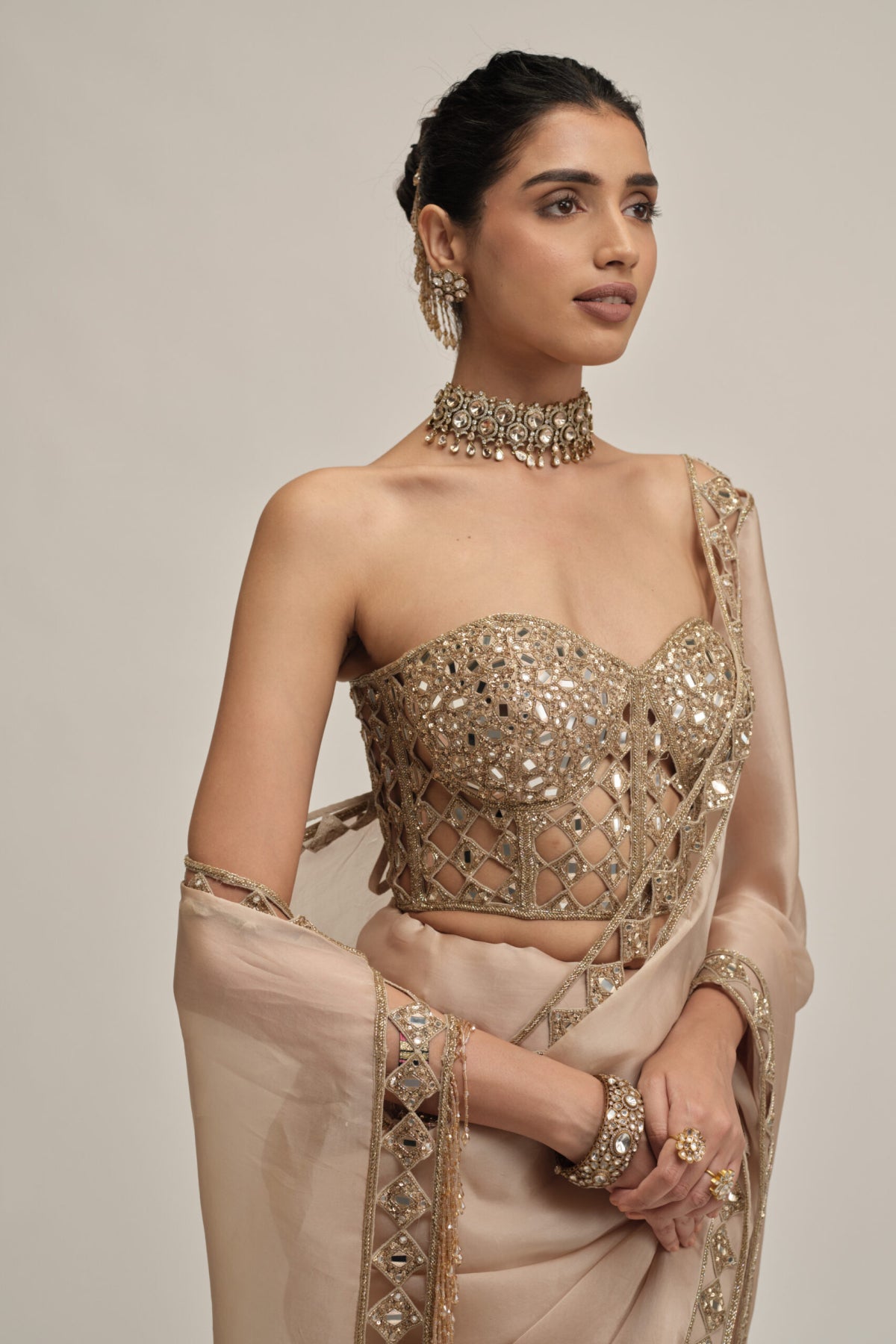 Light Beige Cutwork Border Saree With Corset Set