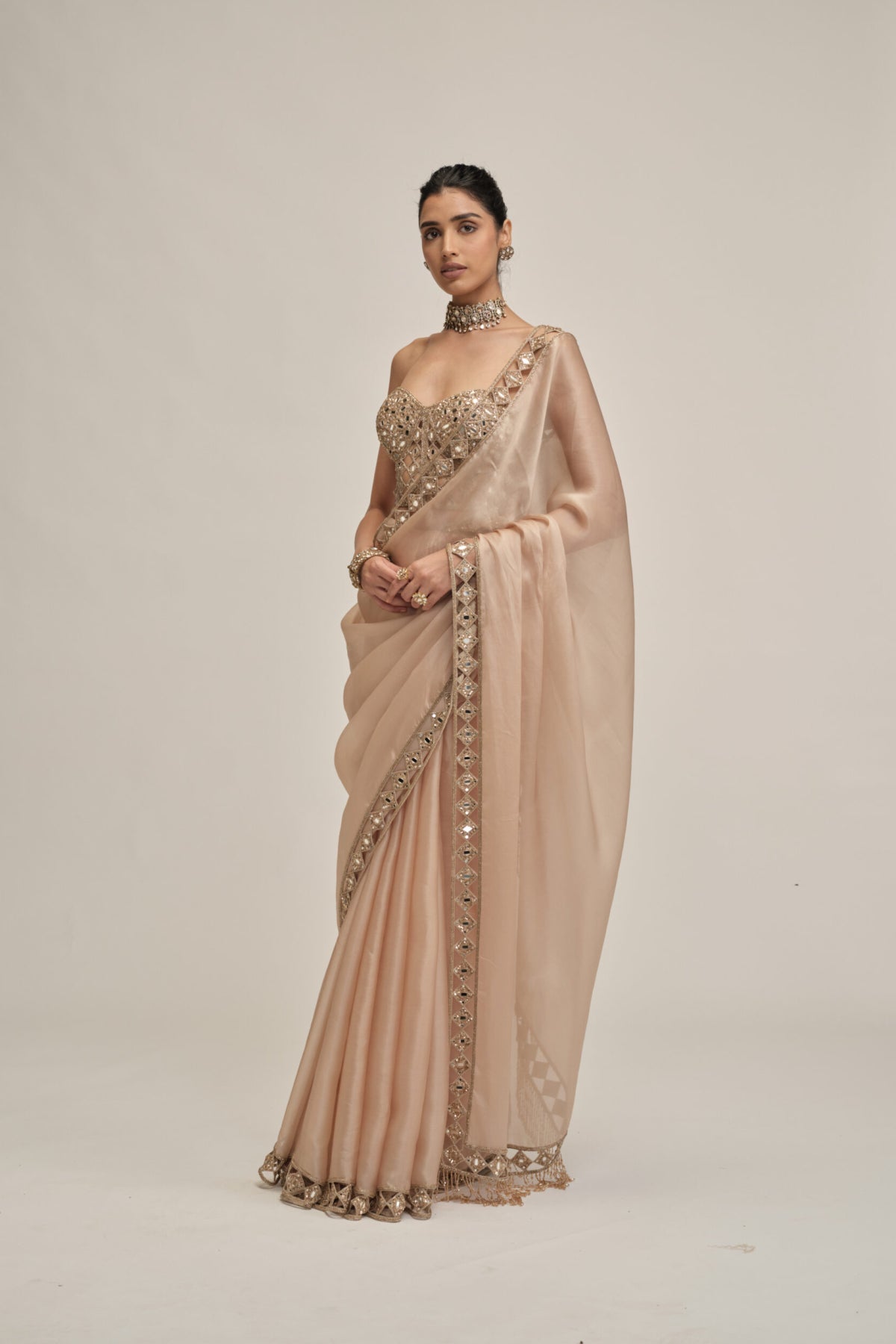 Light Beige Cutwork Border Saree With Corset Set