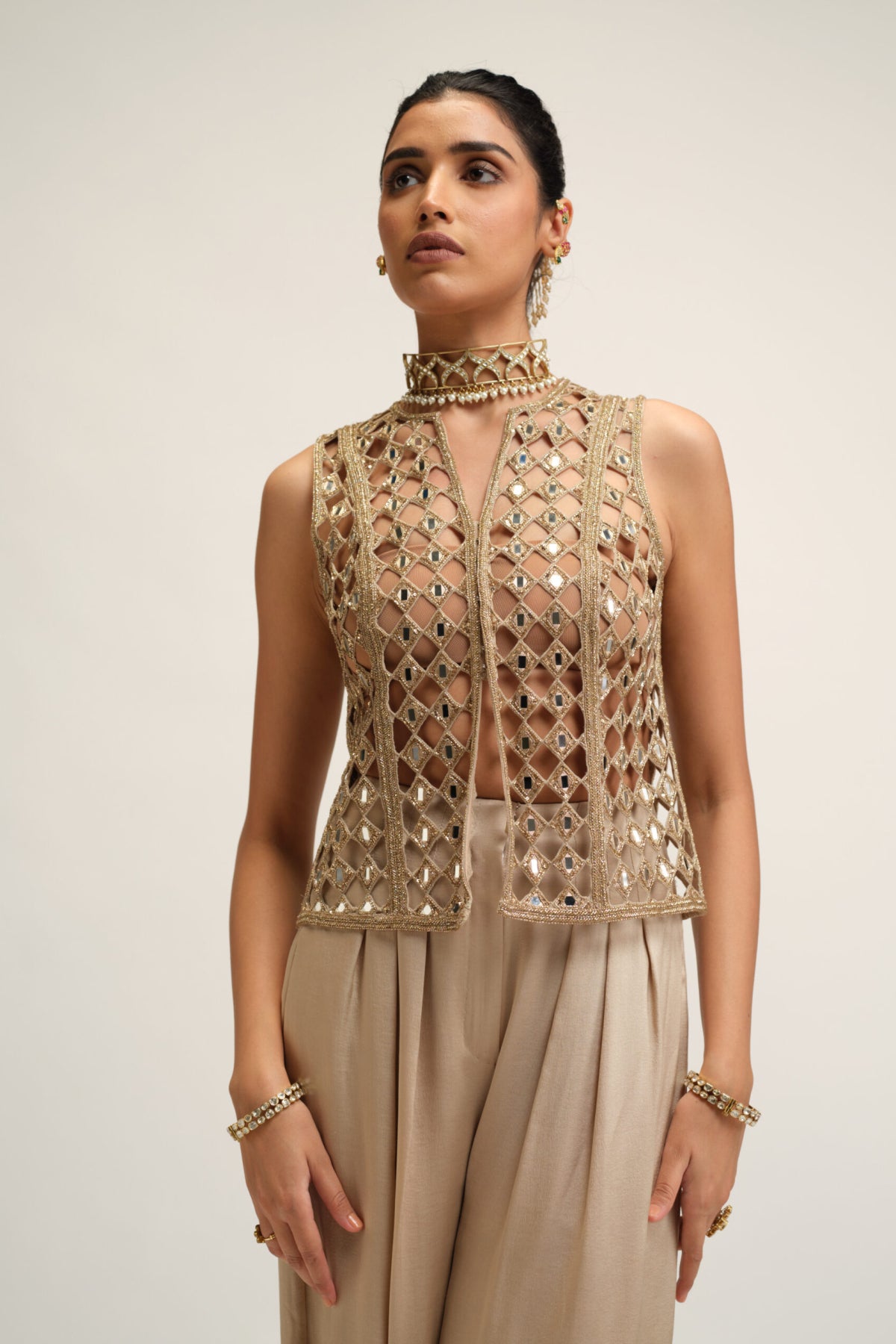 Light Beige Cutwork Jacket Set