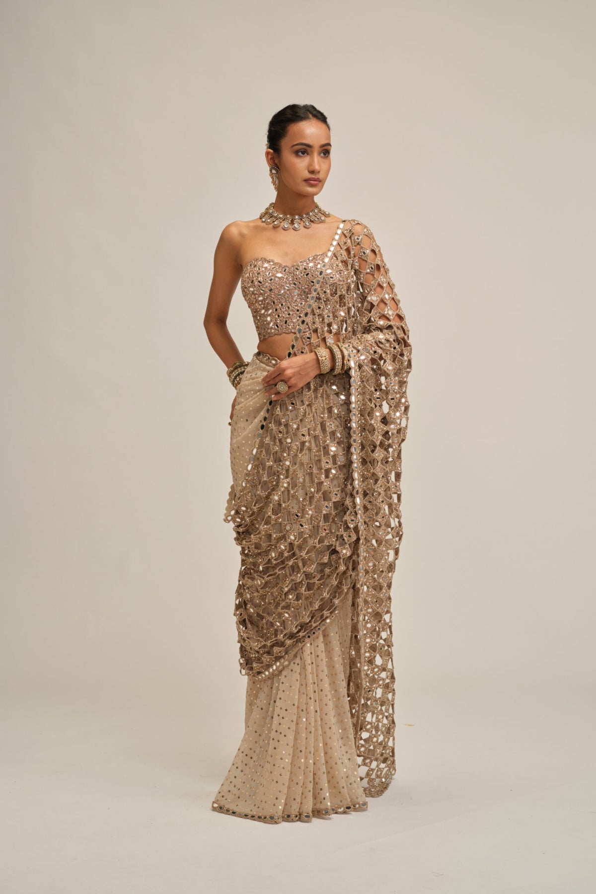 Light Beige Cutwork Pallu Saree With Corset Set