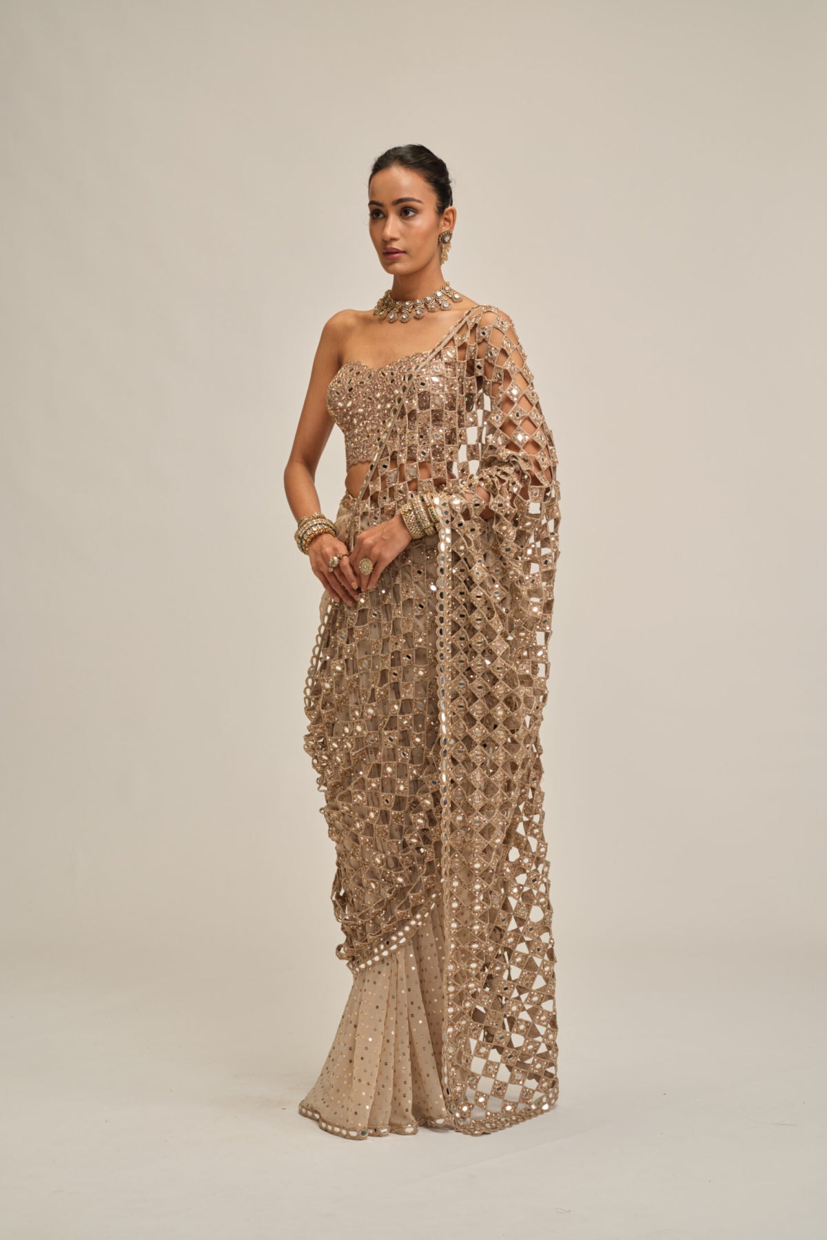Light Beige Cutwork Pallu Saree With Corset Set