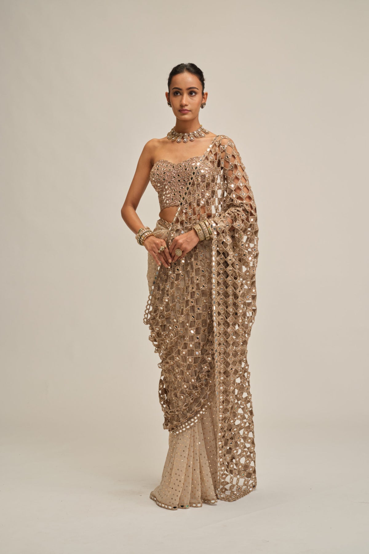 Light Beige Cutwork Pallu Saree With Corset Set