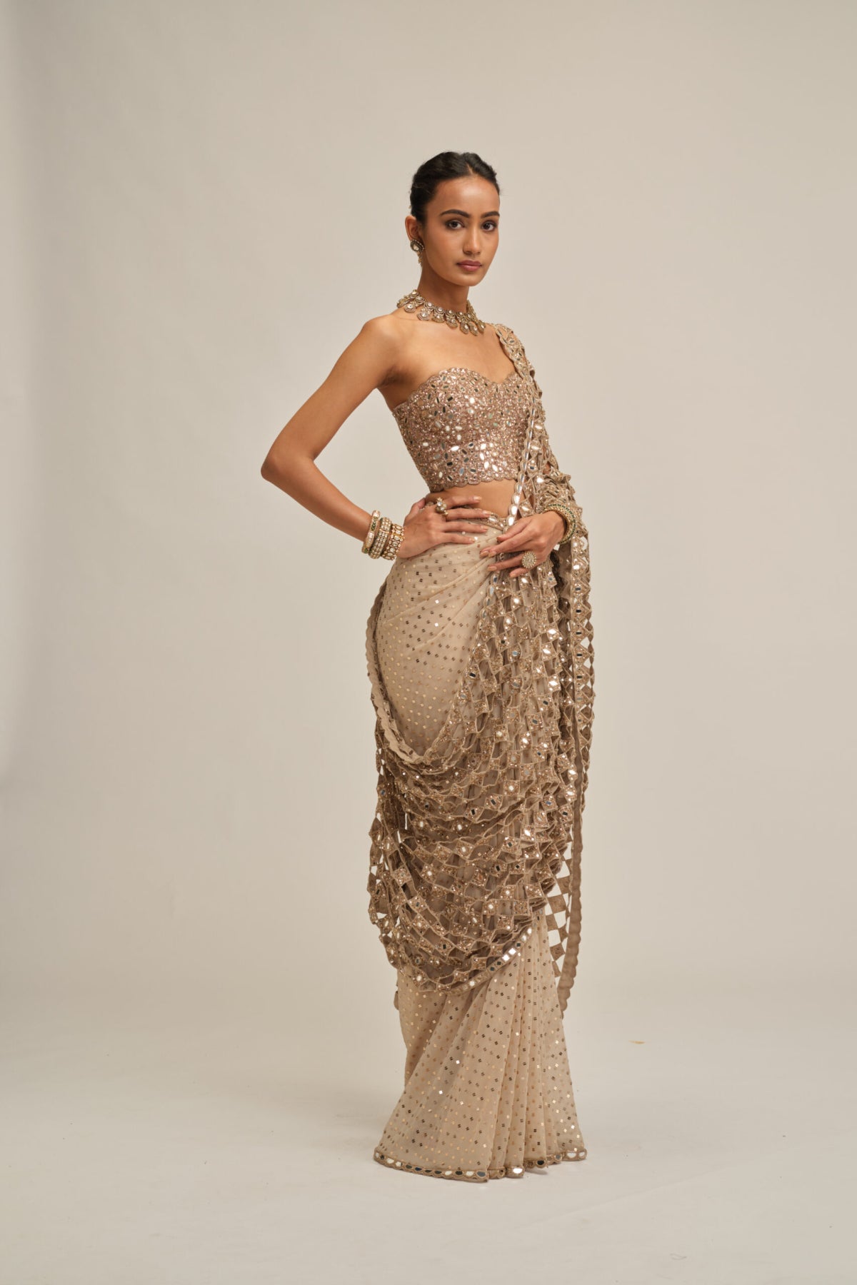 Light Beige Cutwork Pallu Saree With Corset Set