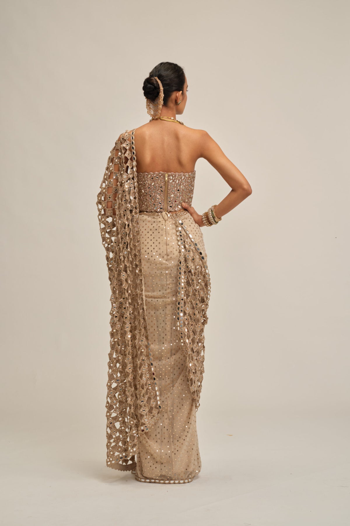 Light Beige Cutwork Pallu Saree With Corset Set