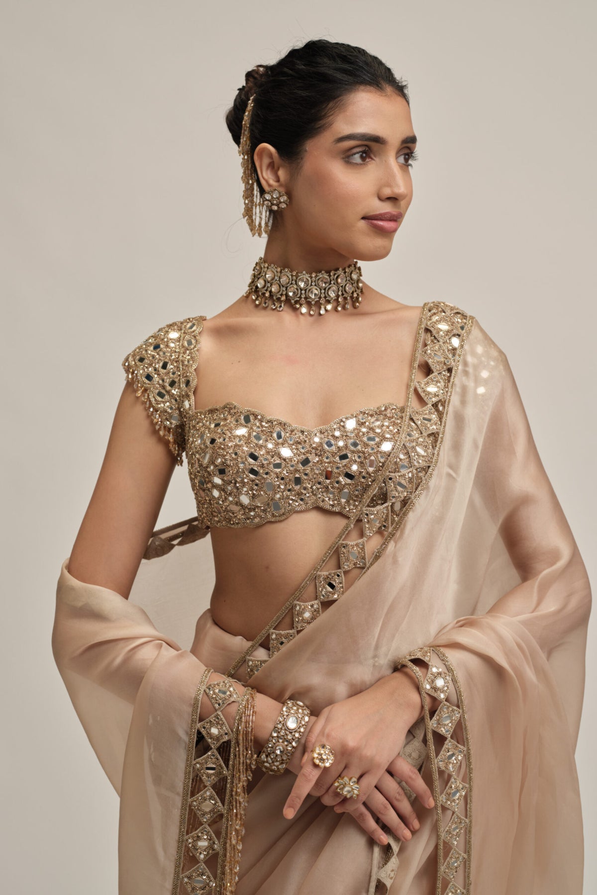 Light Beige Diamond Cutwork Border Saree Set