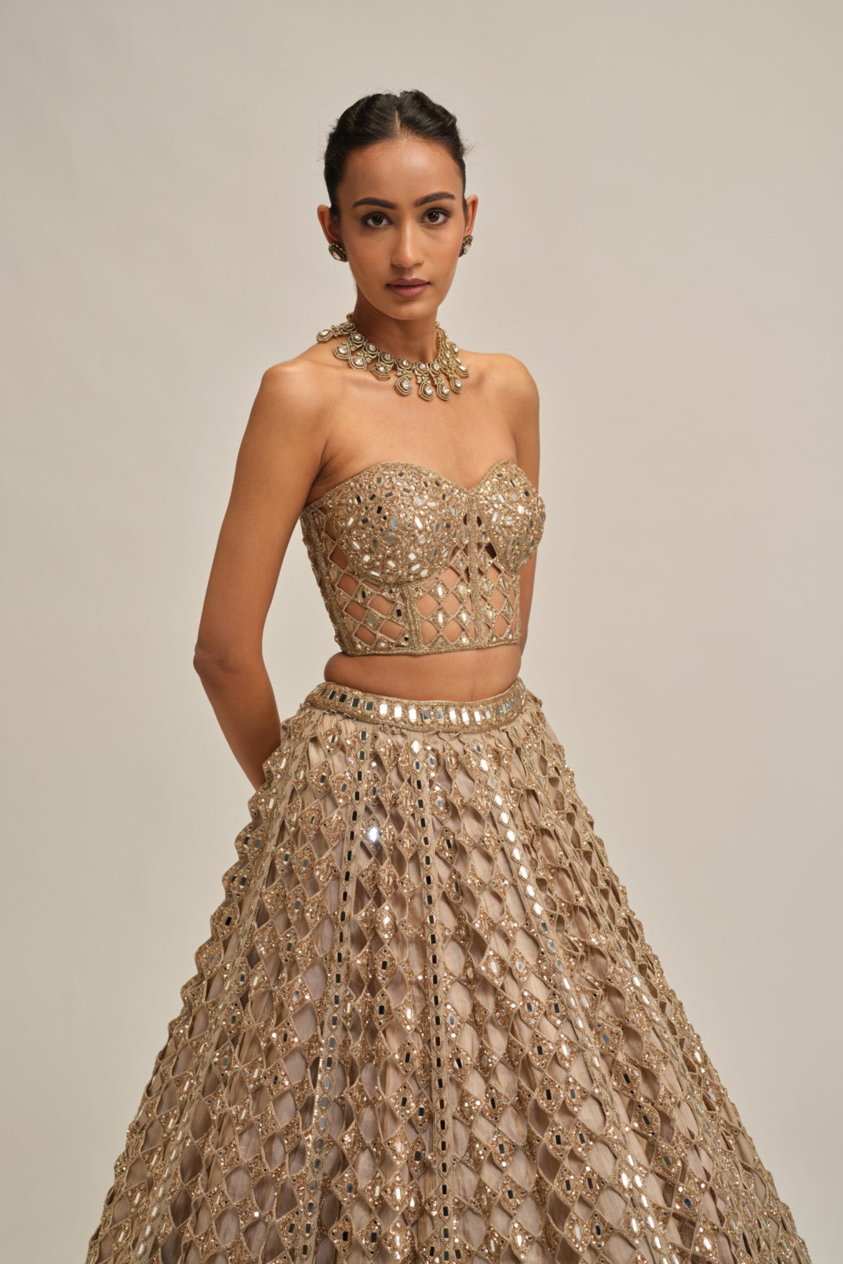 Light Beige Diamond Mirror Cutwork Crop Top Skirt Set