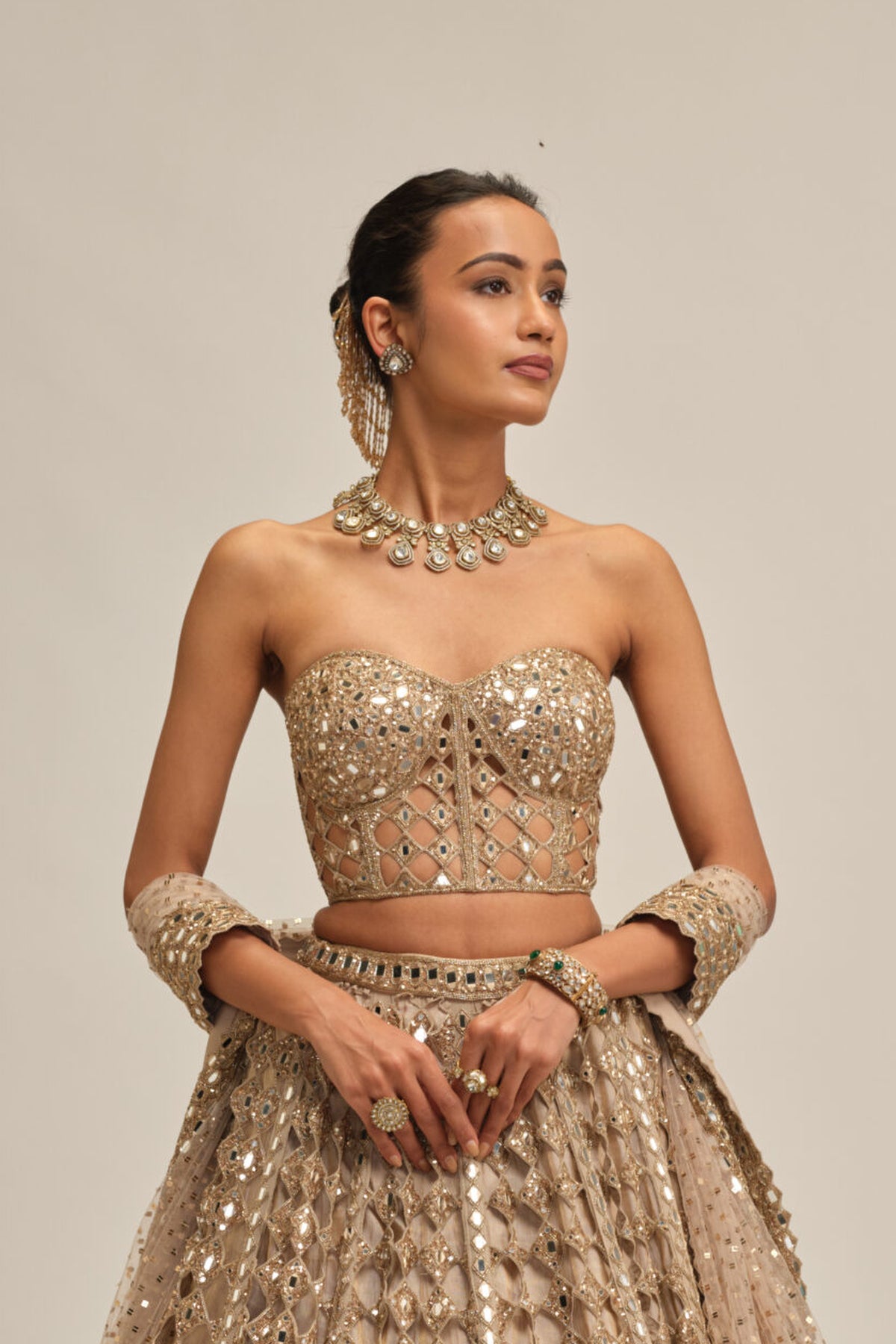 Light Beige Diamond Mirror Cutwork Lehenga With Corset Set