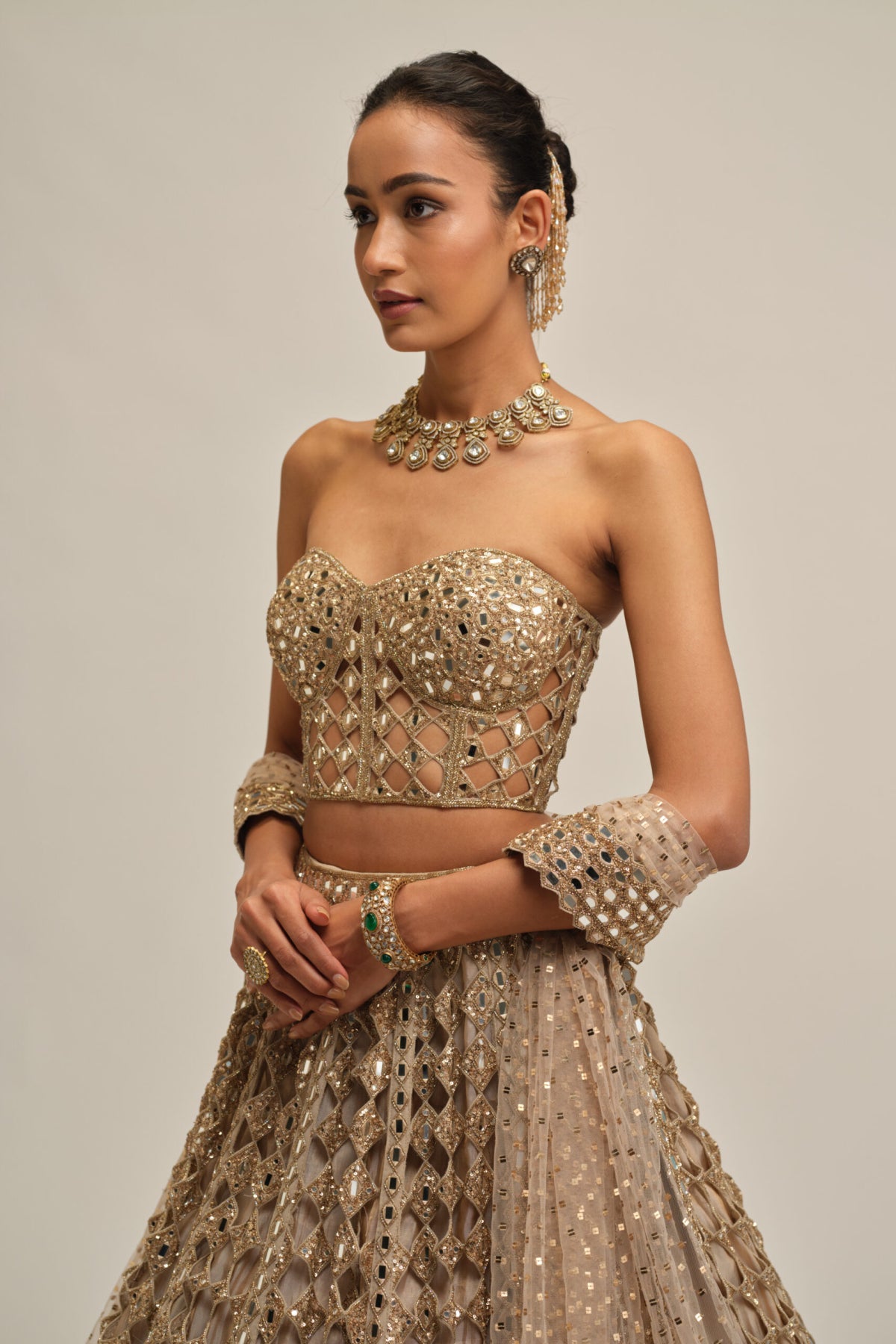 Light Beige Diamond Mirror Cutwork Lehenga With Corset Set