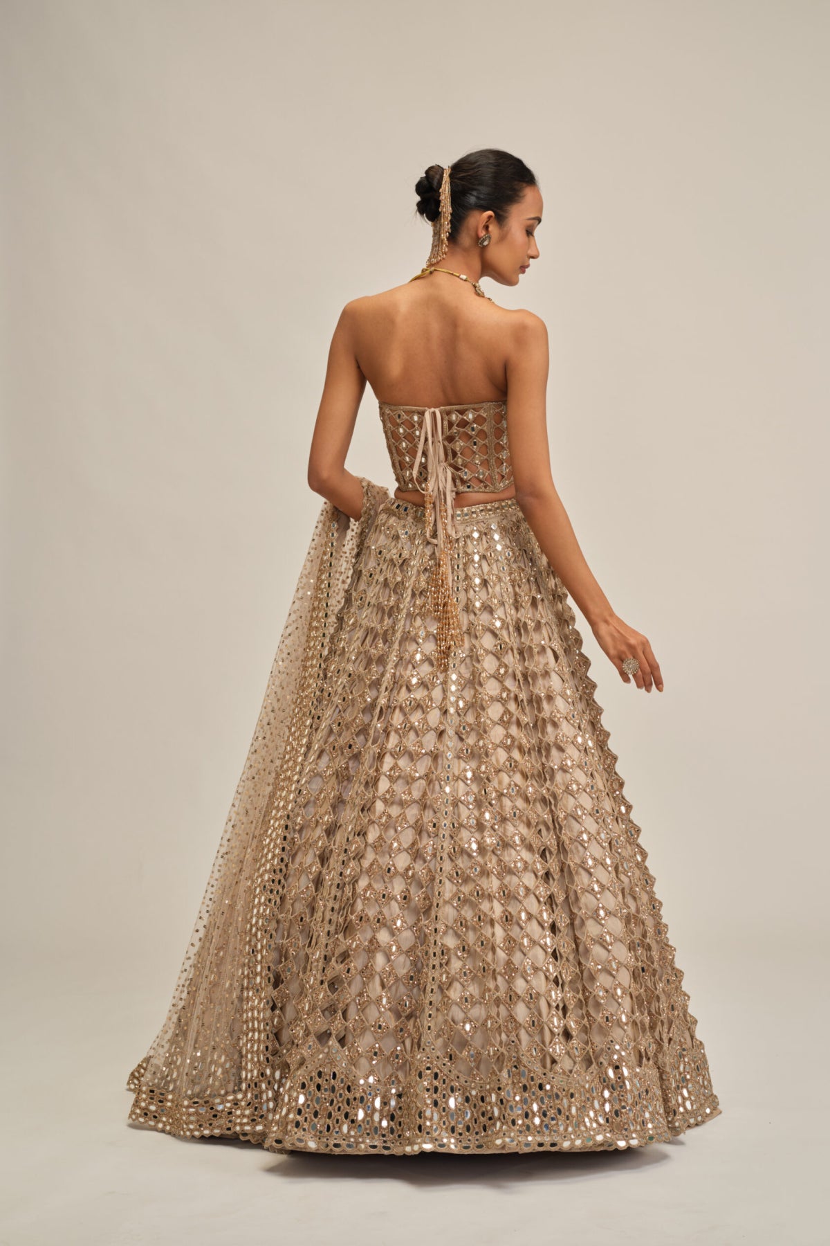 Light Beige Diamond Mirror Cutwork Lehenga With Corset Set