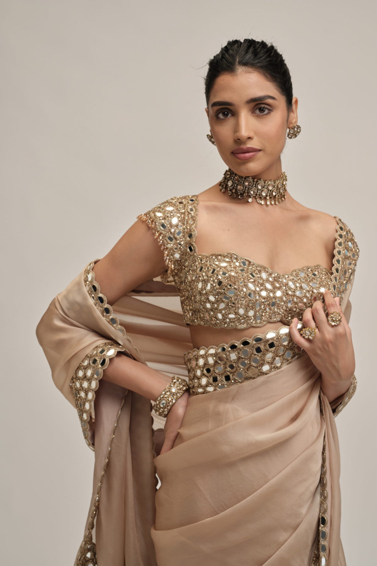 Light Beige Mirror Border Saree Set