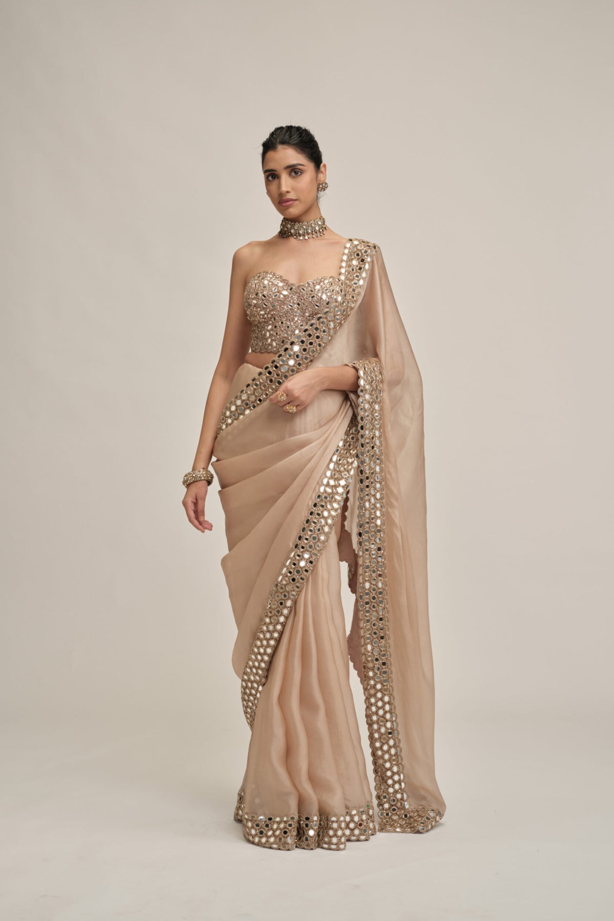 Light Beige Mirror Border Saree With Corset Set