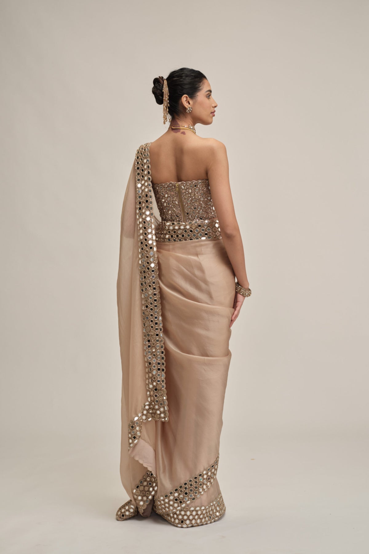 Light Beige Mirror Border Saree With Corset Set