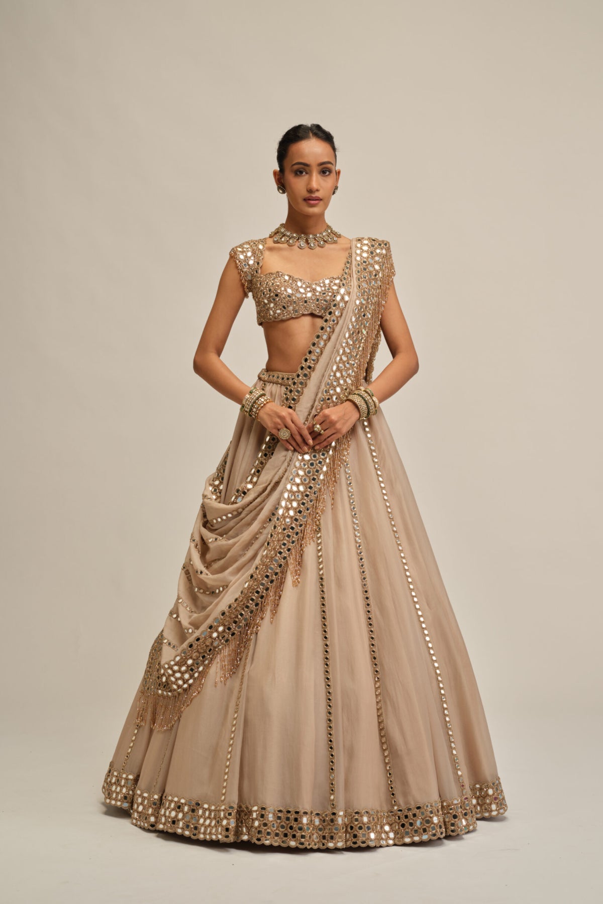 Light Beige Mirror Linear Embroiderd Lehenga Set