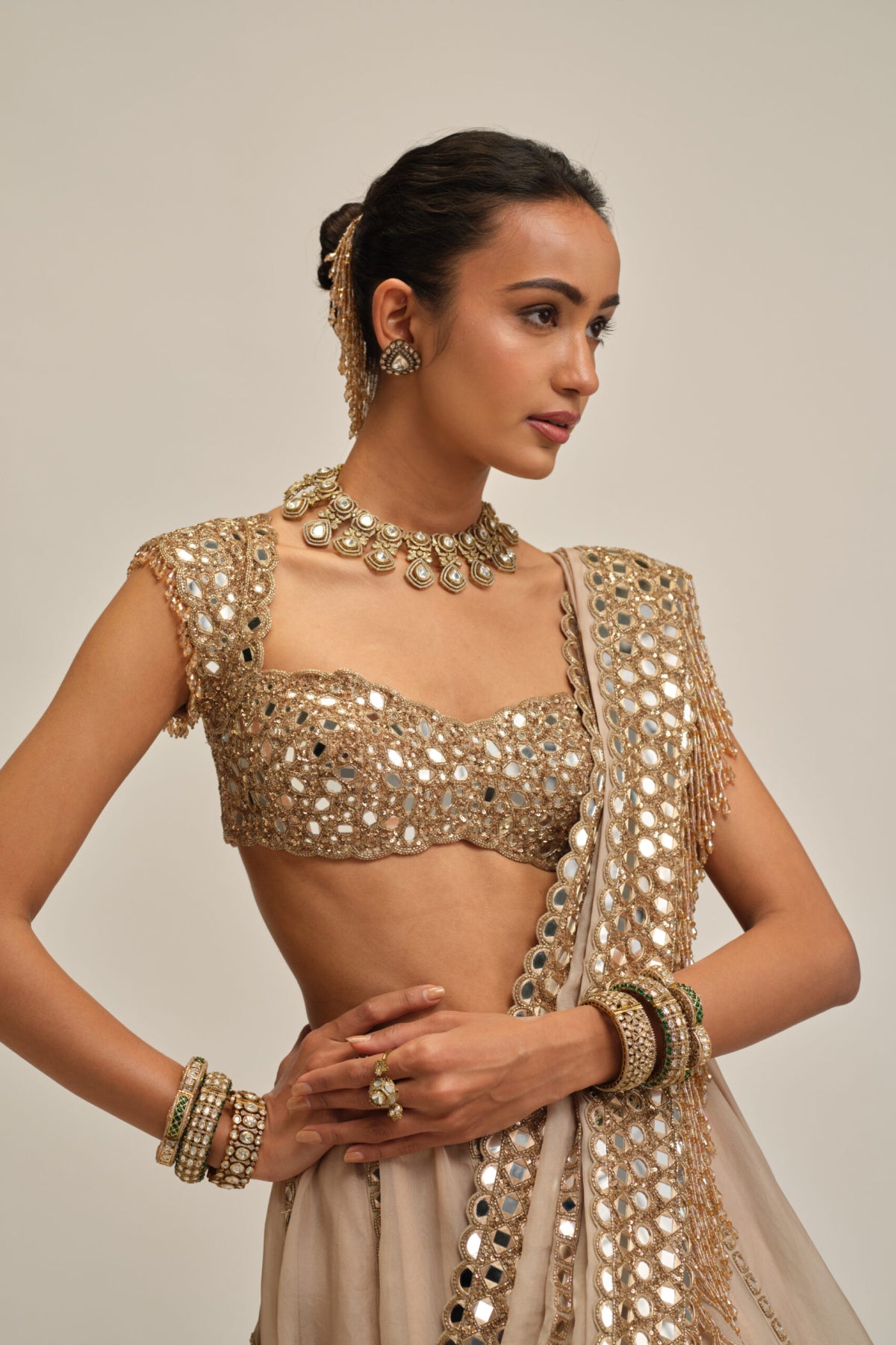 Light Beige Mirror Linear Embroiderd Lehenga Set