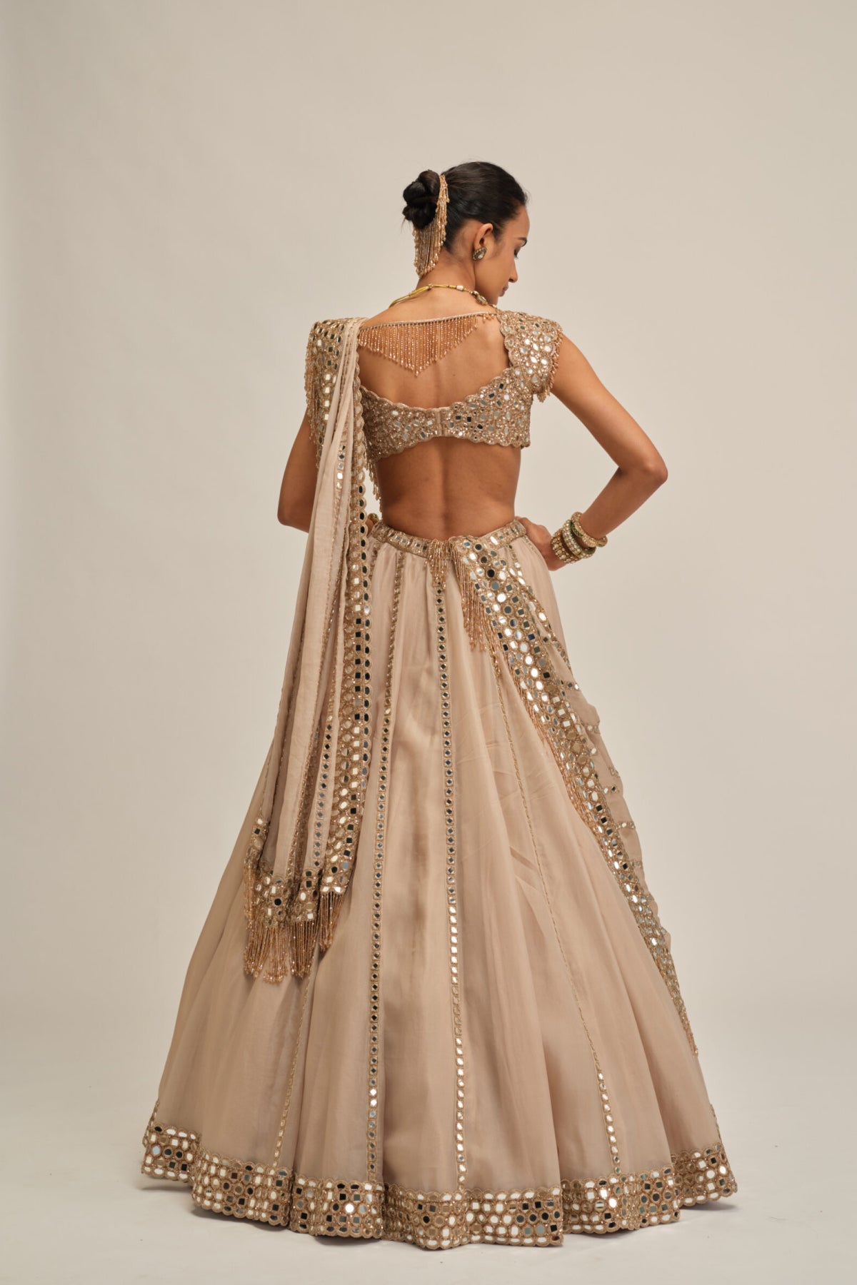 Light Beige Mirror Linear Embroiderd Lehenga Set
