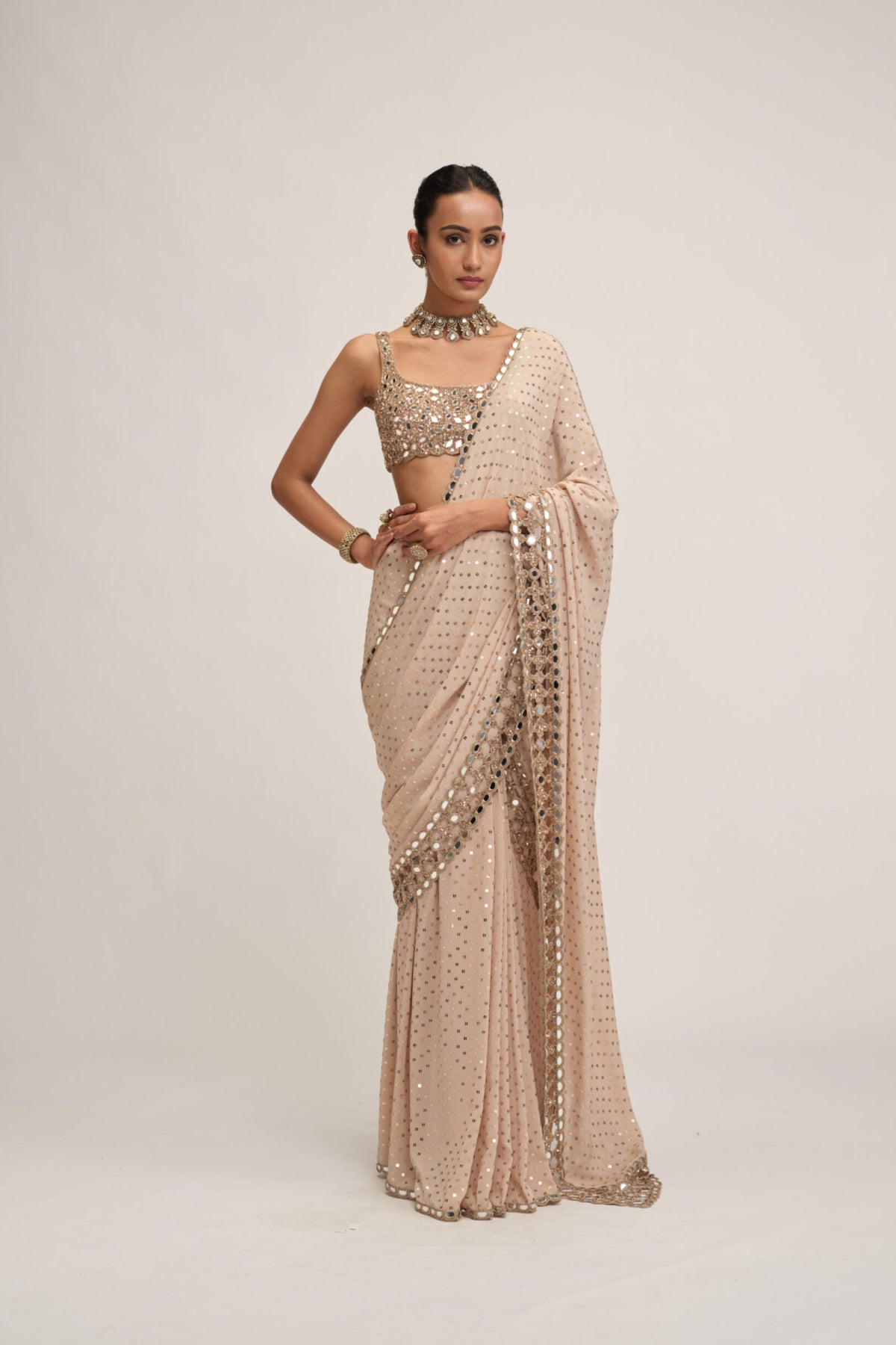 Light Beige Round Neck Cutwork Border Saree Set