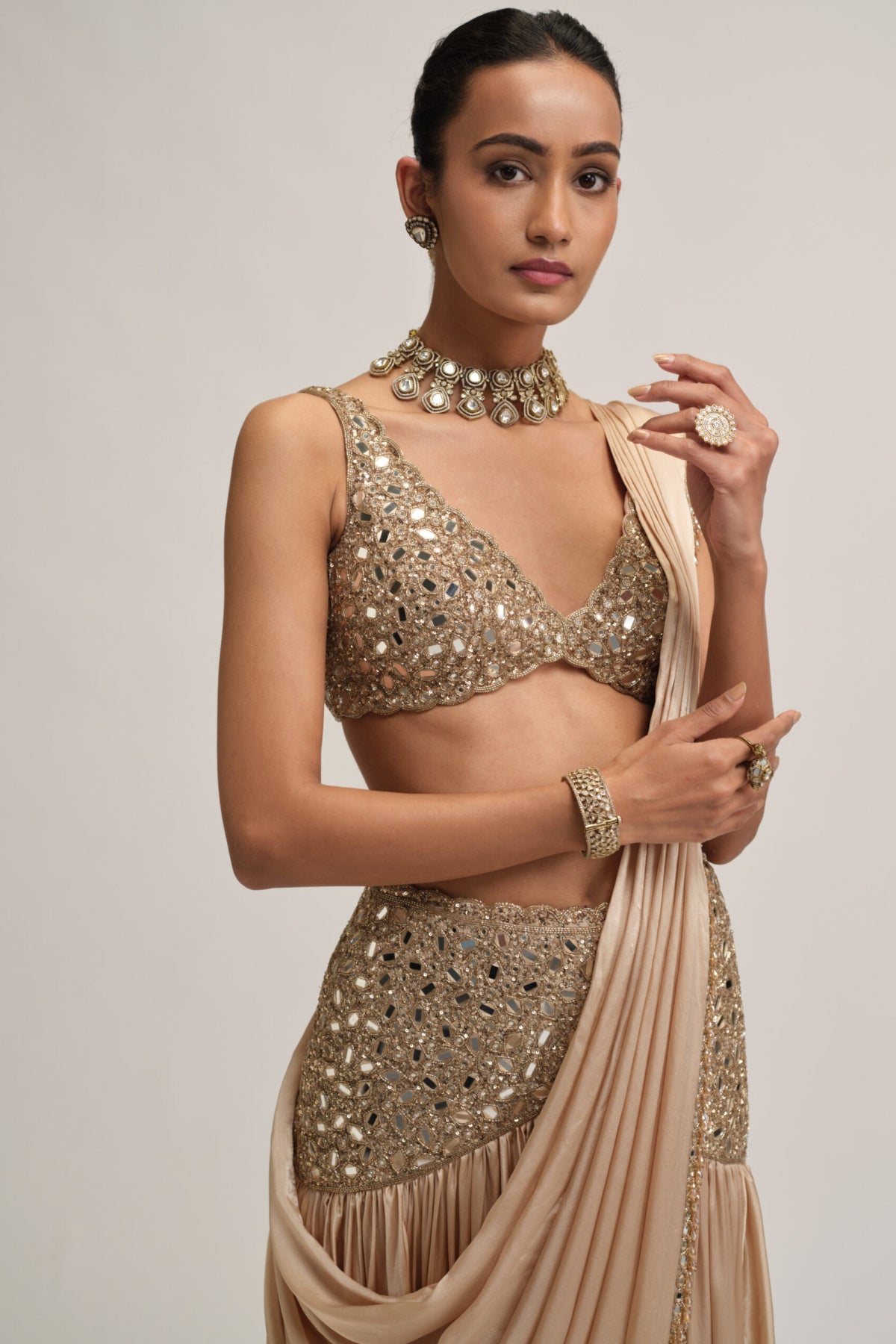 Light Beige Satin Draped Saree Set