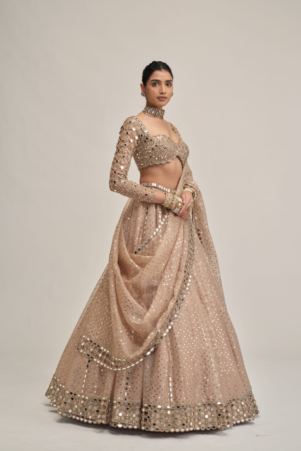 Light Beige Sequins Embroidered Full Sleeves Lehenga Set