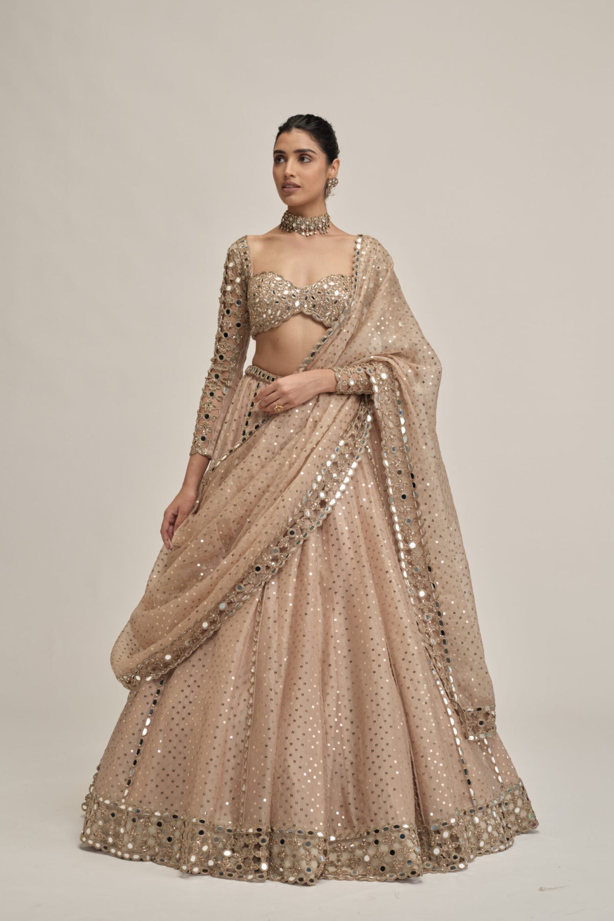 Light Beige Sequins Embroidered Full Sleeves Lehenga Set