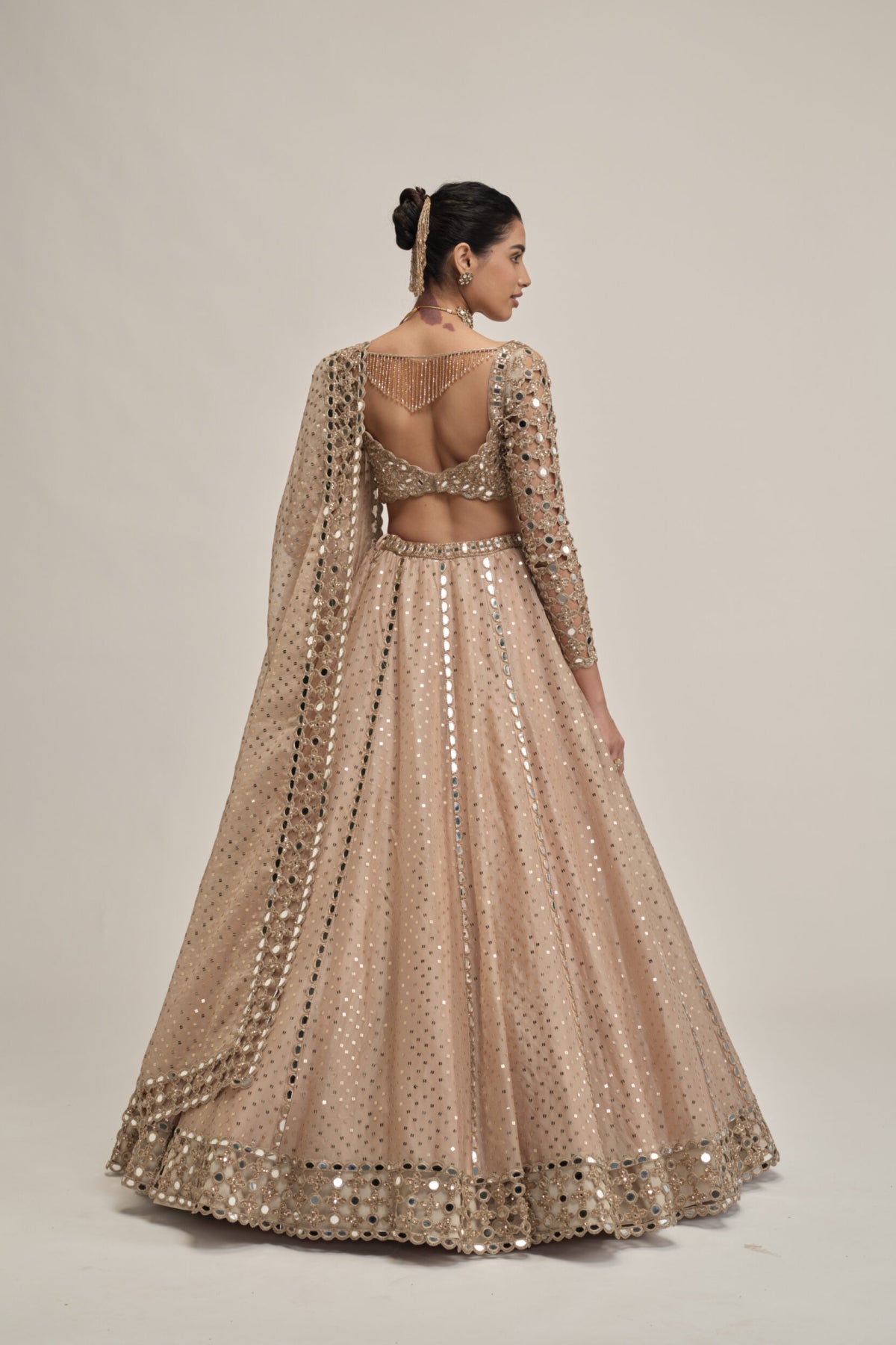 Light Beige Sequins Embroidered Full Sleeves Lehenga Set